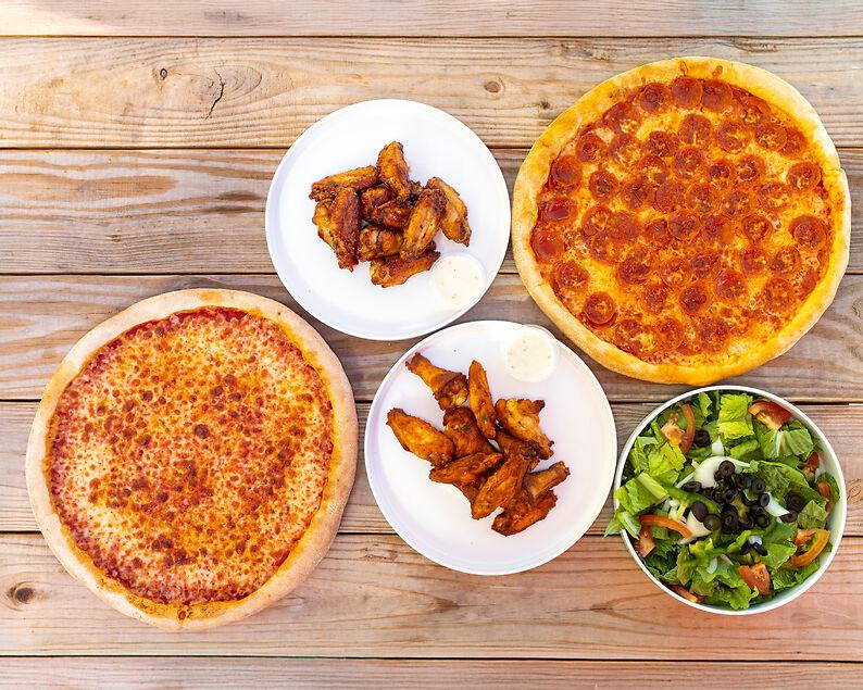 Two Large 1 Topping Pizzas, Large Salad & 20pc Wings