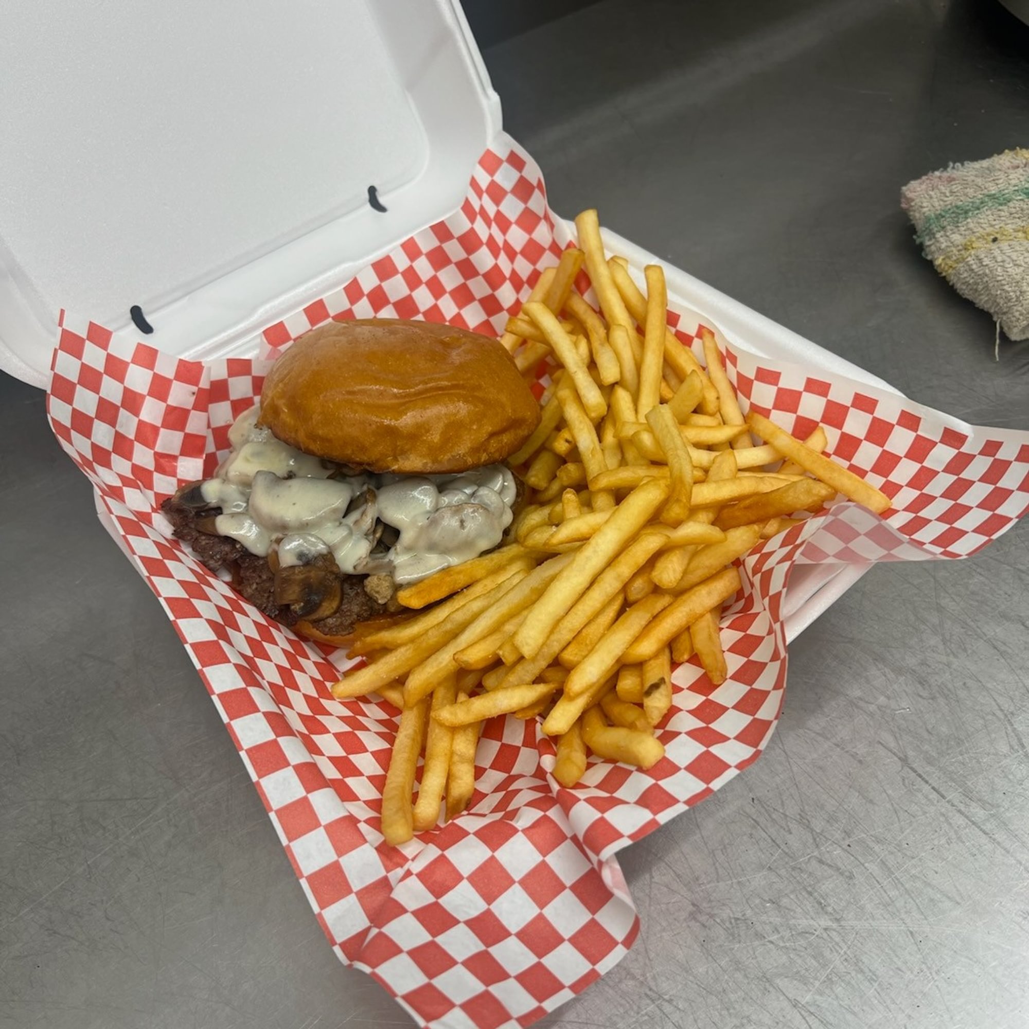 Gary's Mushroom Melt Burger And Fries