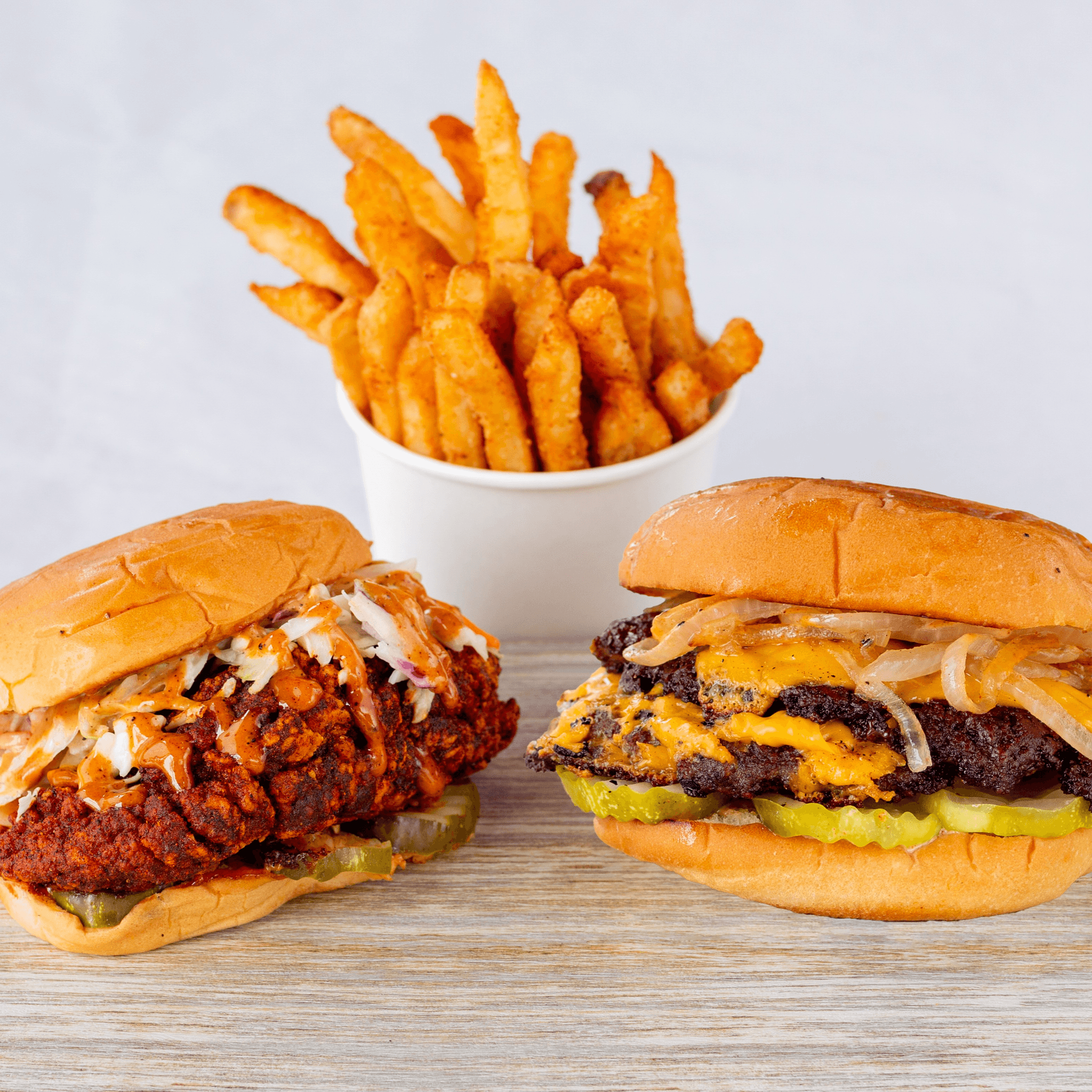 Single wagyu burger, Chicken Sando with fries