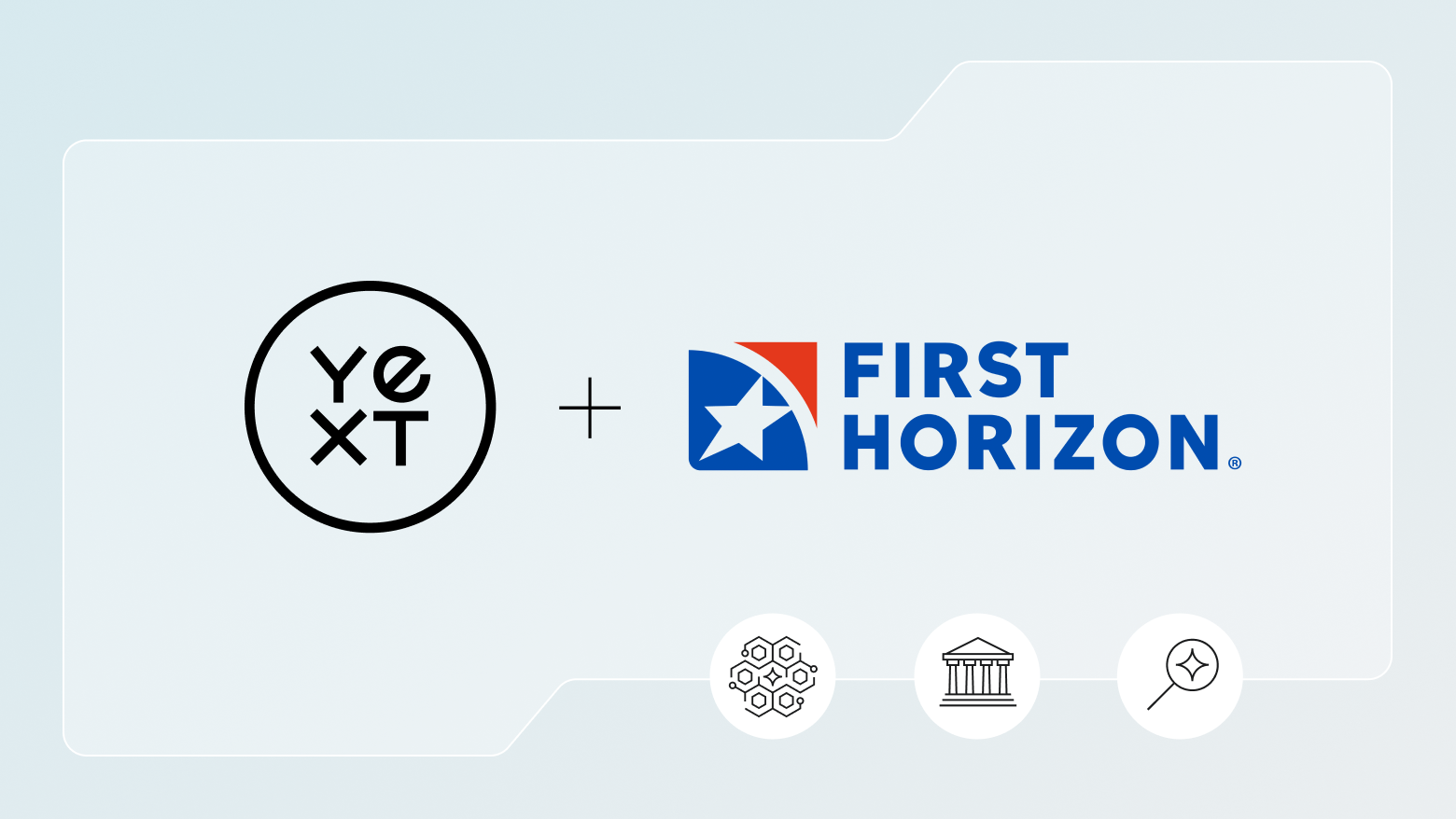 Yext and First Horizon logos side by side on a white background with an addition sign between them, indicating a partnership. Below the First Horizons logo are abstract icons representing First Horizon's banking/finanical services industry, and the partnership context, which is technology and search.