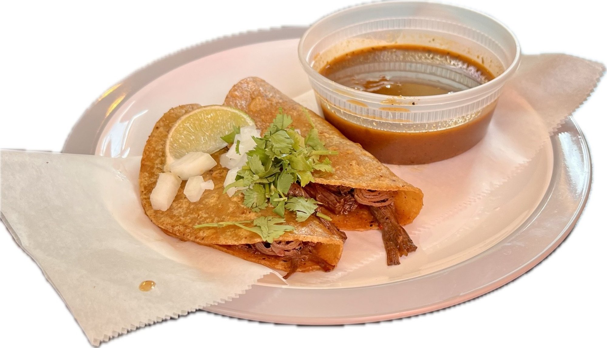 Birria Tacos On 2 Corn Tortillas, Consumme, Cilantro, Onions, Lime