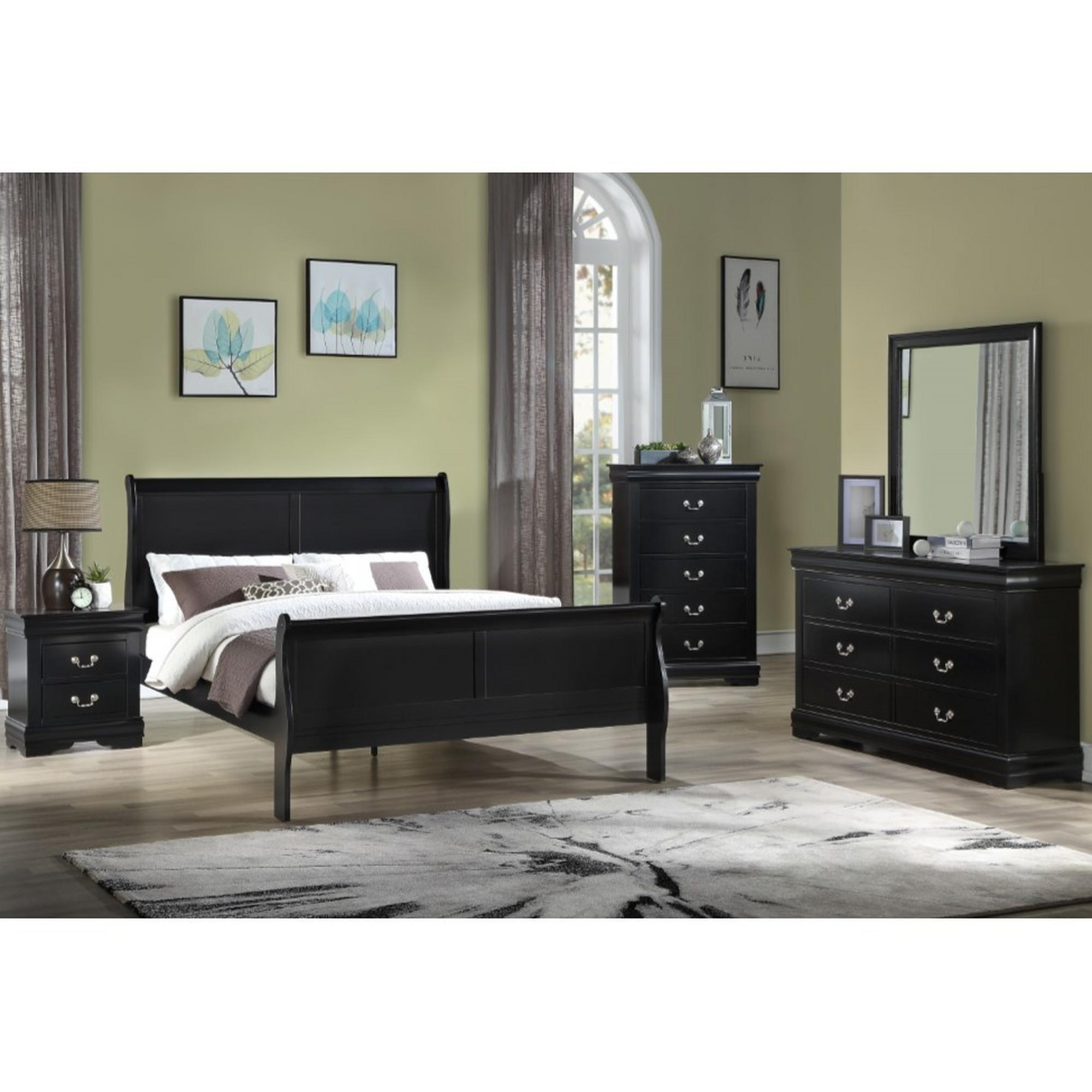 Full Louis Philip Bed - Black, Chest, Dresser, Mirror, Nightstand