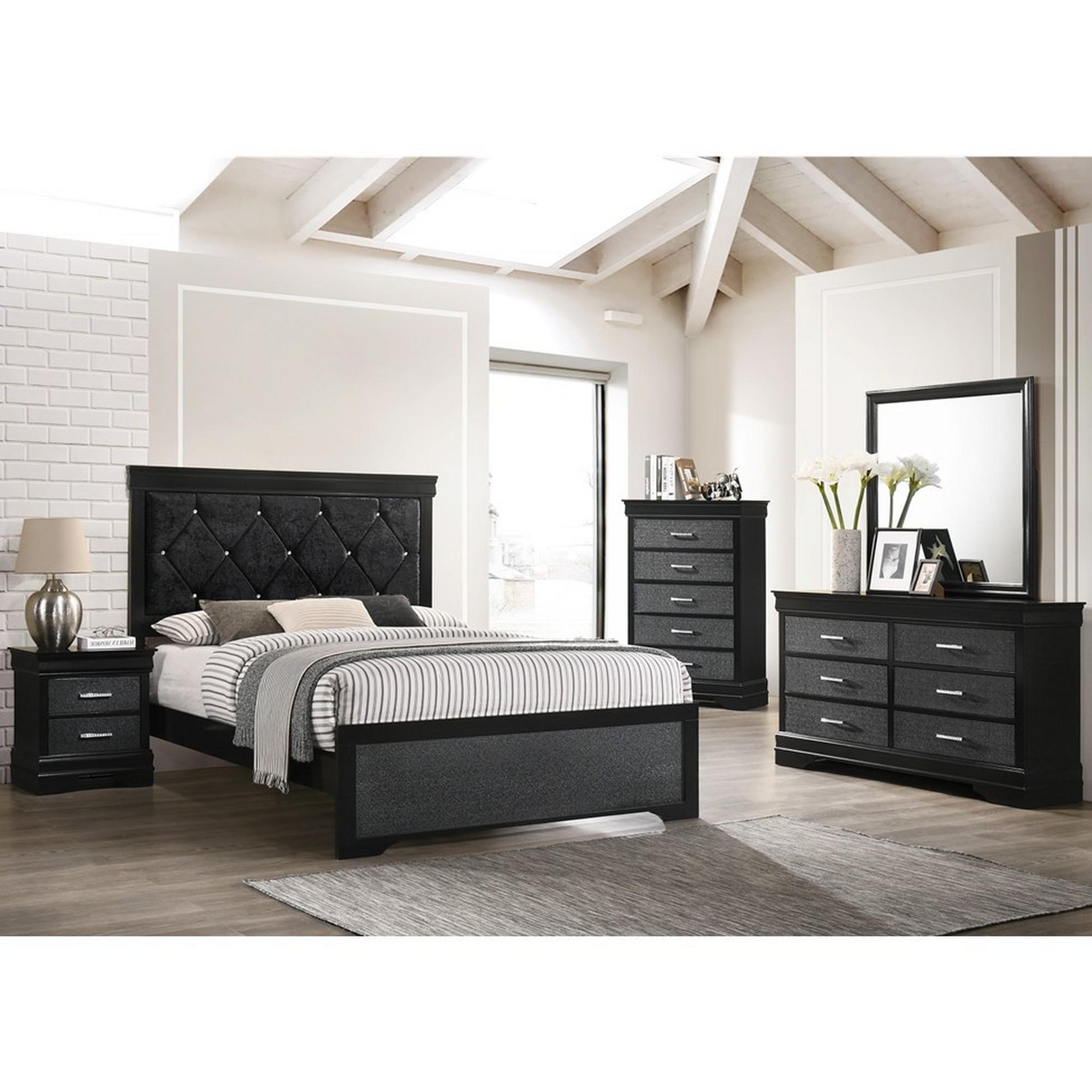 King Amalia Bed - Black w/Chest, Dresser, Mirror, Nightstand