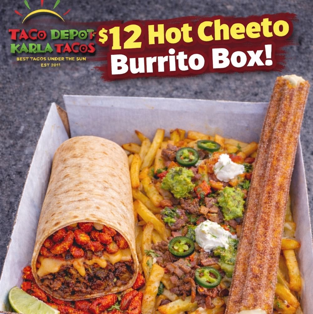 $12 Hot Cheeto burrito box- 1 shorty hot cheeto burrito, Steak Fries, 1 Churro
