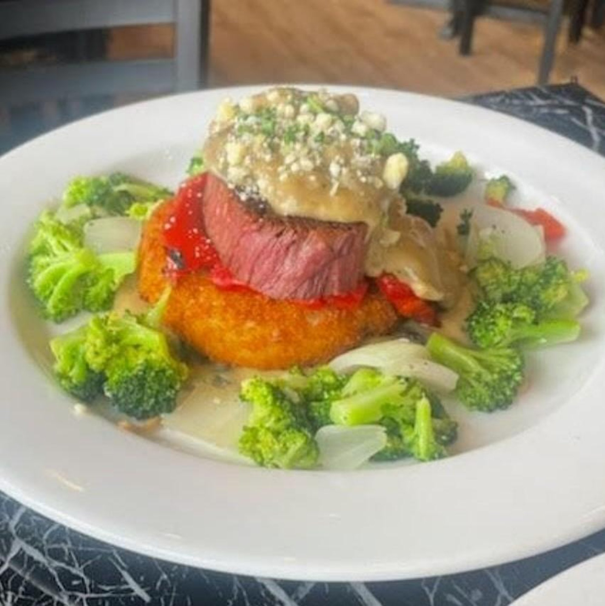 plant based Steak Over Potato Cake