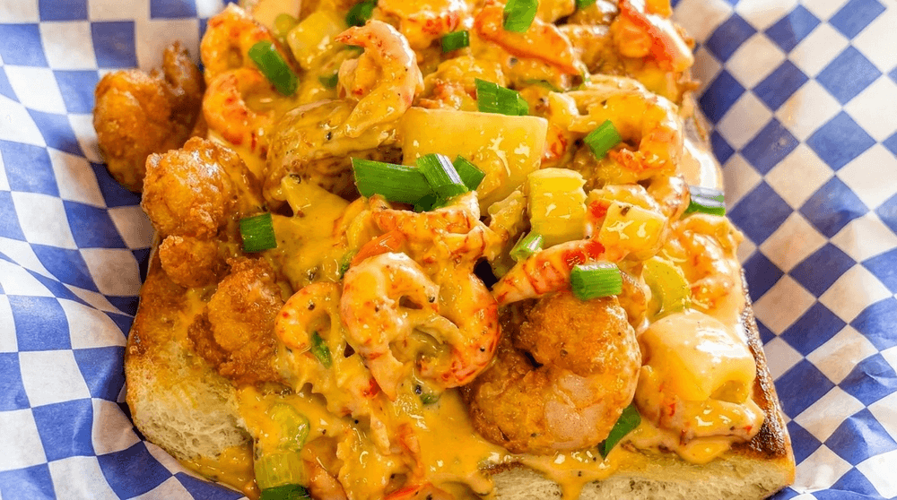 Cheese Overboard Shrimp Poboy (Crawfish Cheese Sauce)
