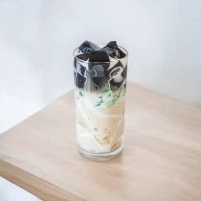 Soy Pudding w/ Grass Jelly & Basil Seed
