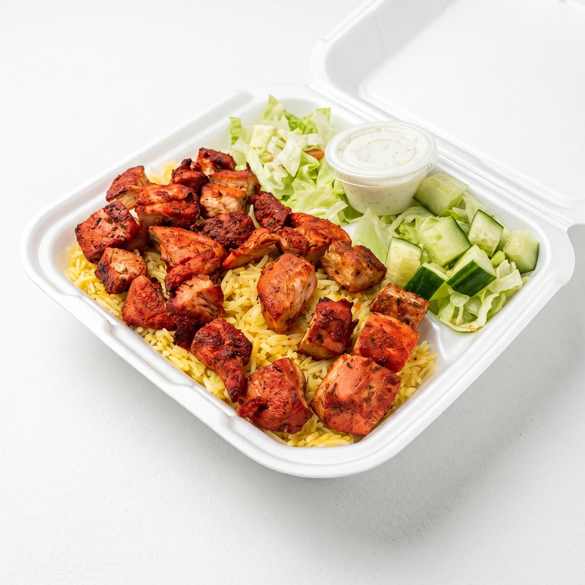 Chicken Shish Kebab Over Rice & Salad