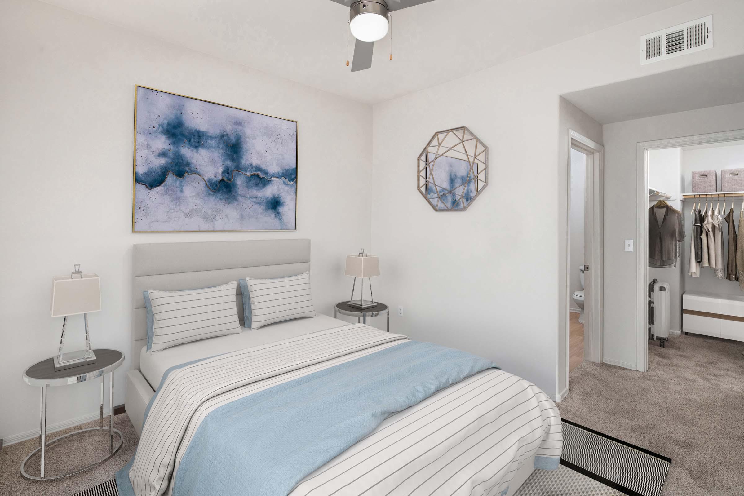 Main bedroom with ensuite bathroom, ceiling fan and walk-in closet