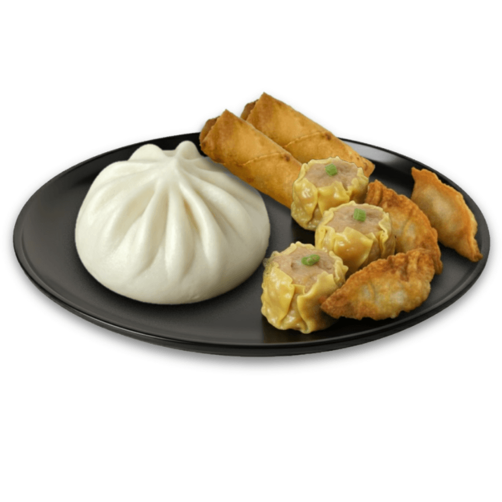 C9 - 3 Pieces Siomai, 3 Pieces Dumplings, 2 Pieces Lumpia & 1 Piece Siopao