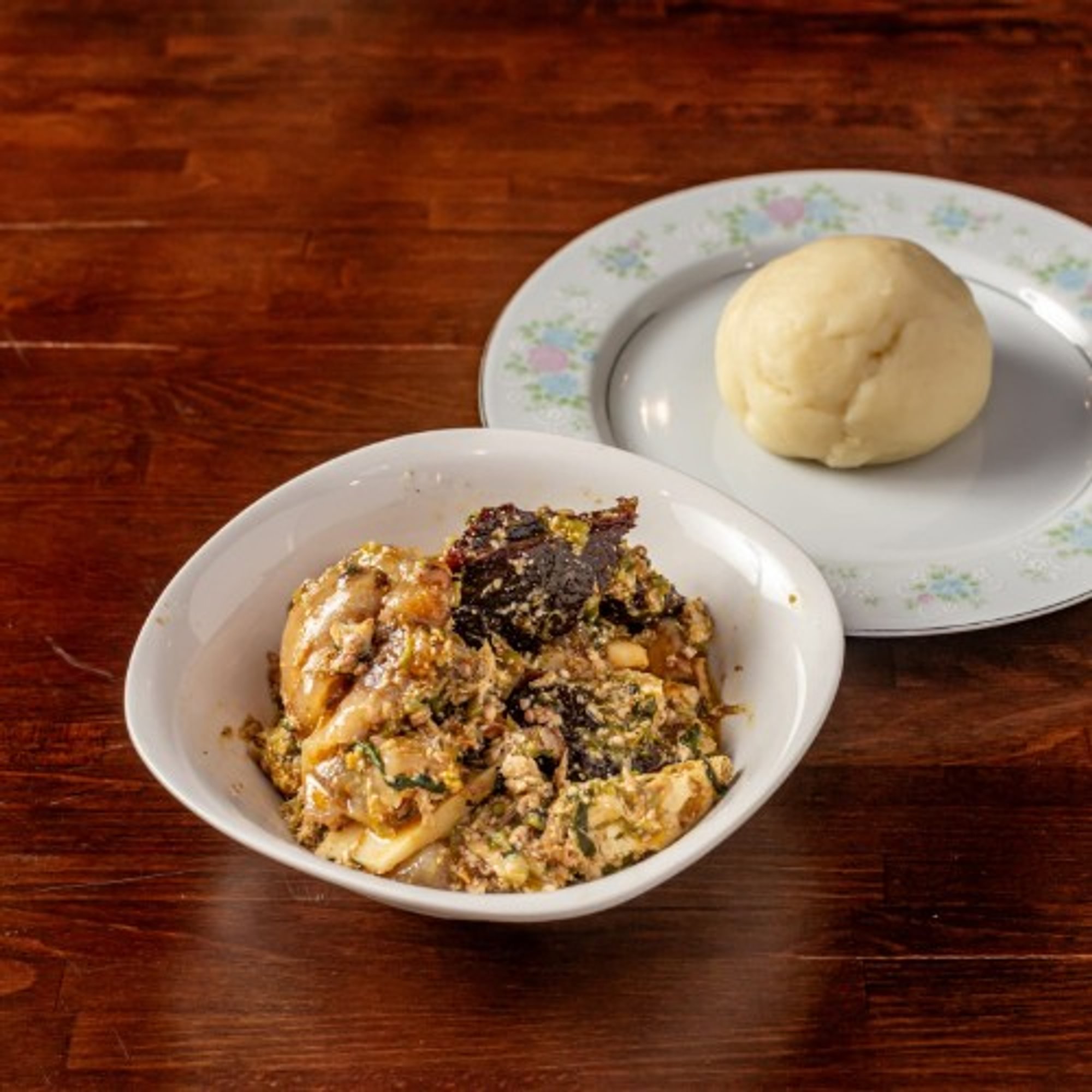 Okra Soup with Yam Fufu or Garri or Corn Fufu