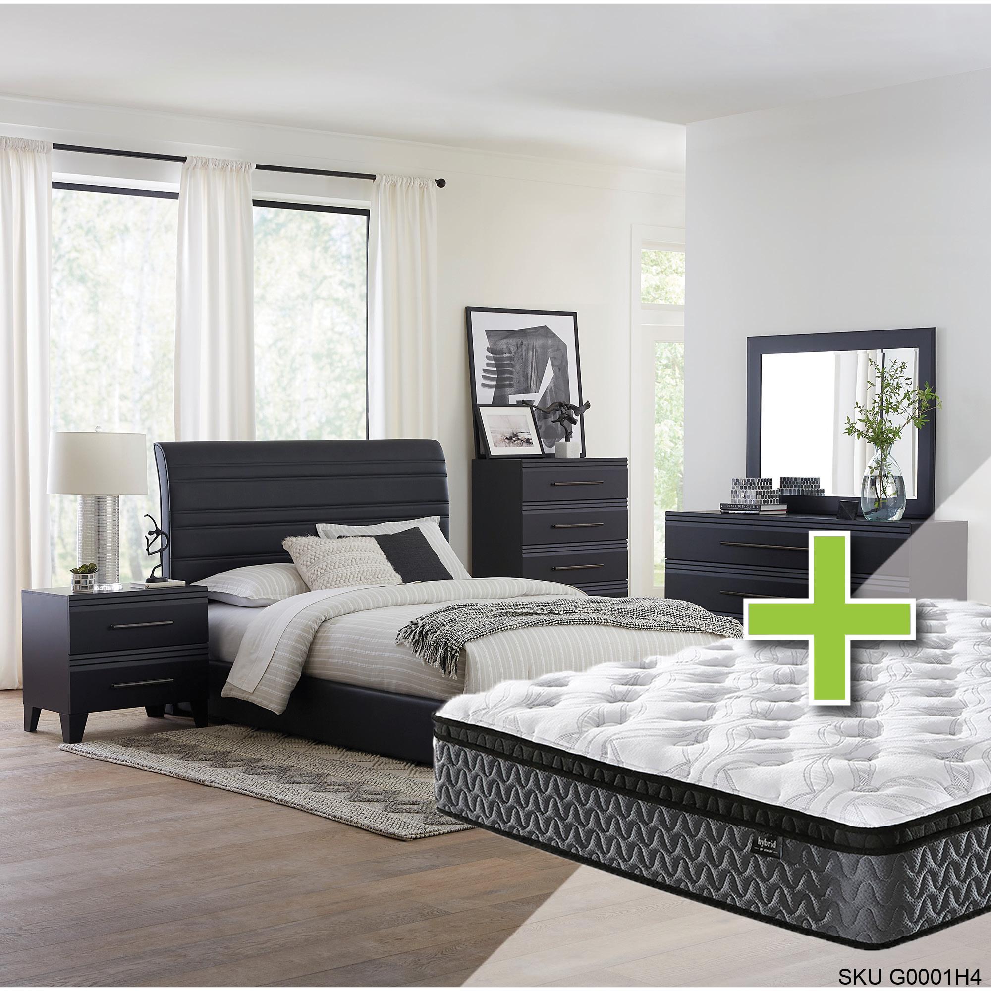 Queen Domestica Bed w/Highland Premium Pillowtop Plush Mattress & Dresser, Mirror, Nightstand