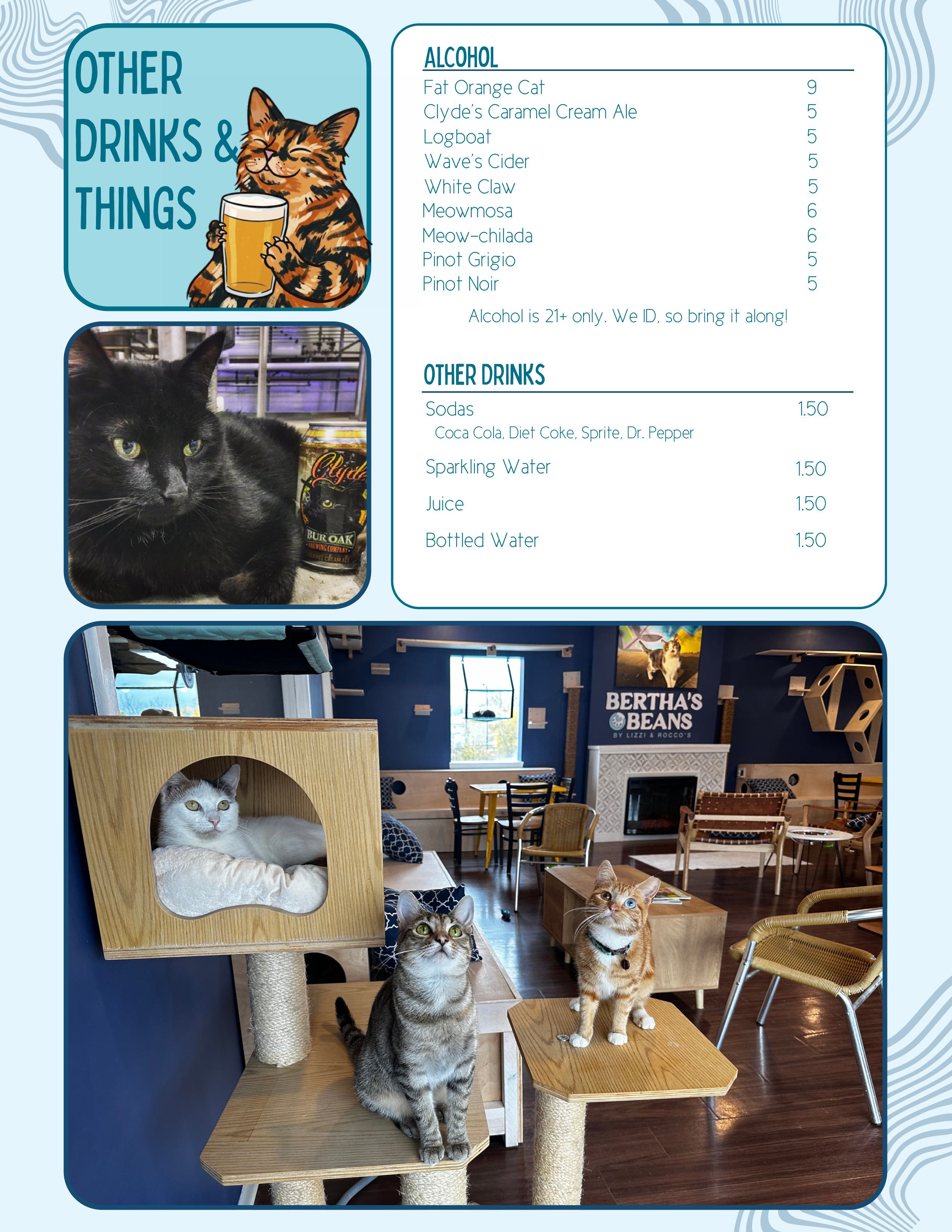 Bertha's Beans Cat Cafe Alcohol & Other Drinks Menu