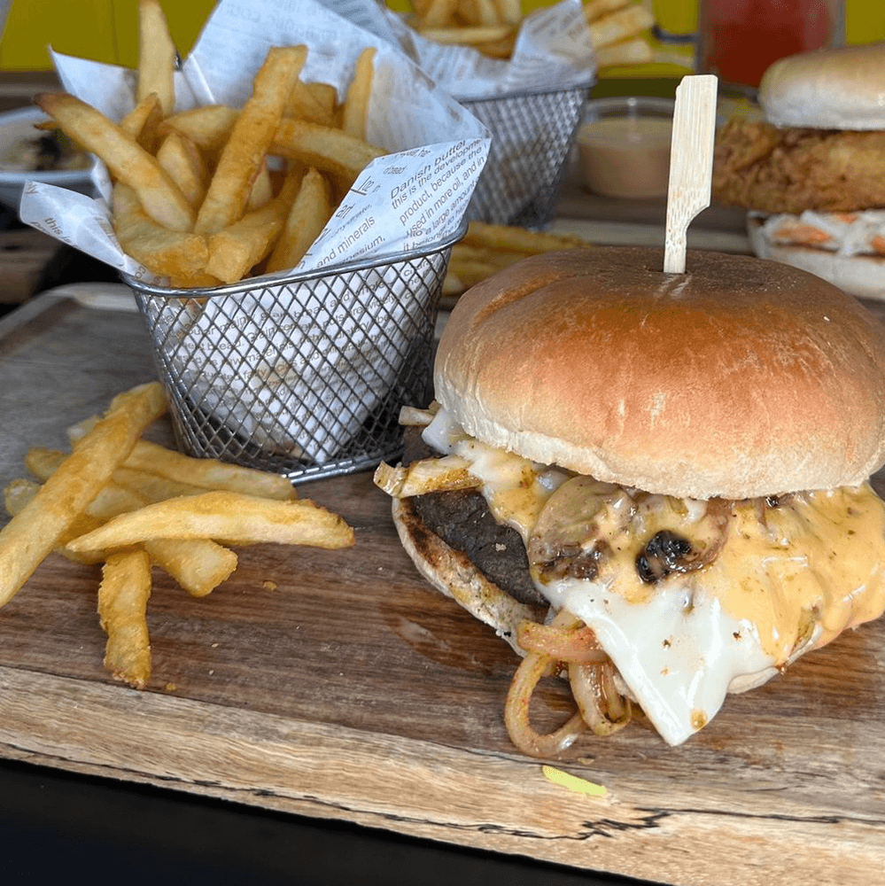 Mushroom Swiss Burger with Fries