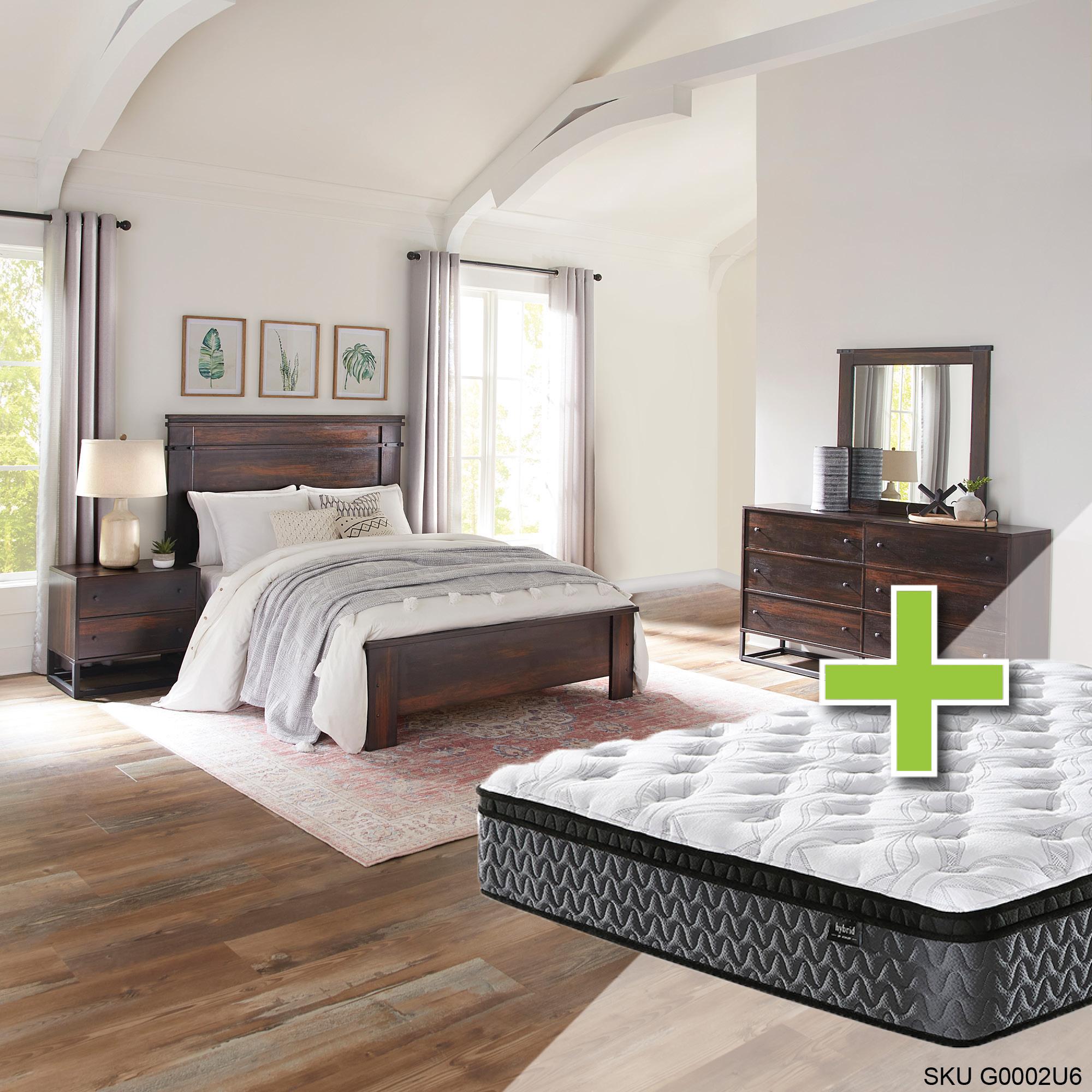 Queen Wallace Bed w/12" Highland Premium Pillow Top Plush Memory Foam Mattress & Dresser, Mirror, Ni