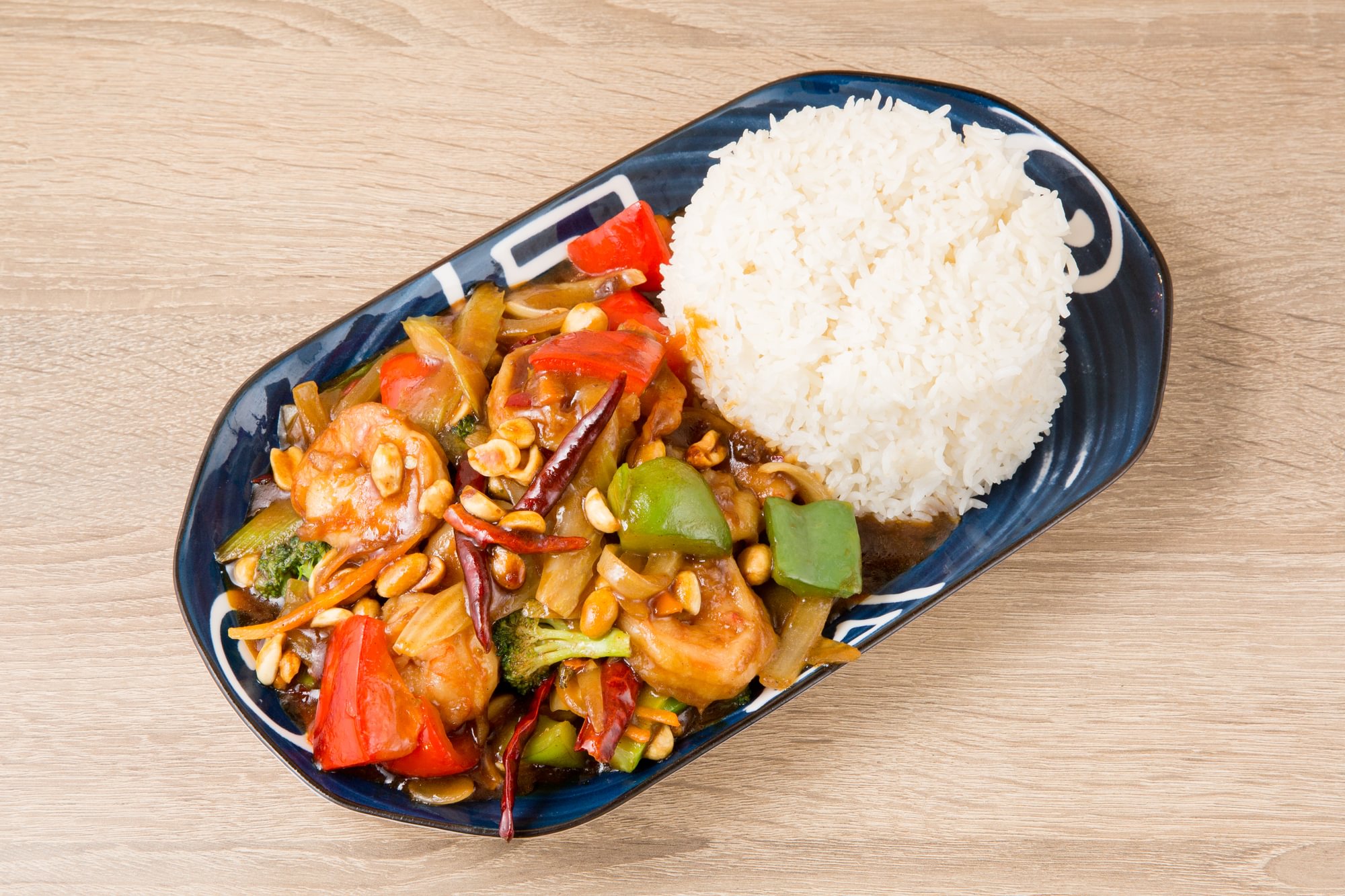 Baby Shrimp with Hot Pepper Peanuts Over Rice