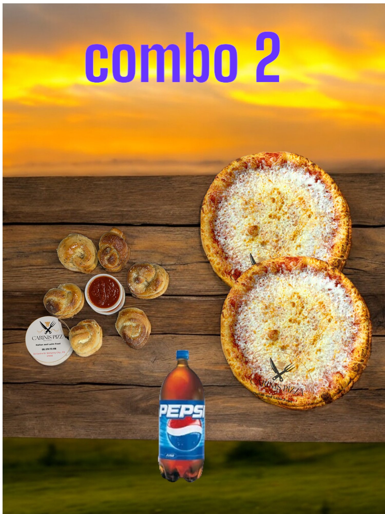 Special (2) 1. XL Cheese Pizza, 1 Small Pizza, 20 Bone In Wings, 2 Liter Pepsi