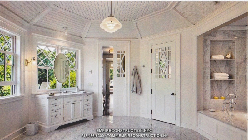 Empire bathrooms: planning, framing, blocking, quiet piping, water flow, ventilation, skylights, shower doors and shower glass partitions, accent walls, electric, indirect lightning, cement board, vapor barriers, steam, sound, access, toilet space, shower shelves, multiple shower heads, heated towel bars, heated tile floors and all tile work, stoneslabs, design build, tall people accomodation, laundry chute, heat lamps, storage, mirrors and any type of cabinet, furniture that you might need. 