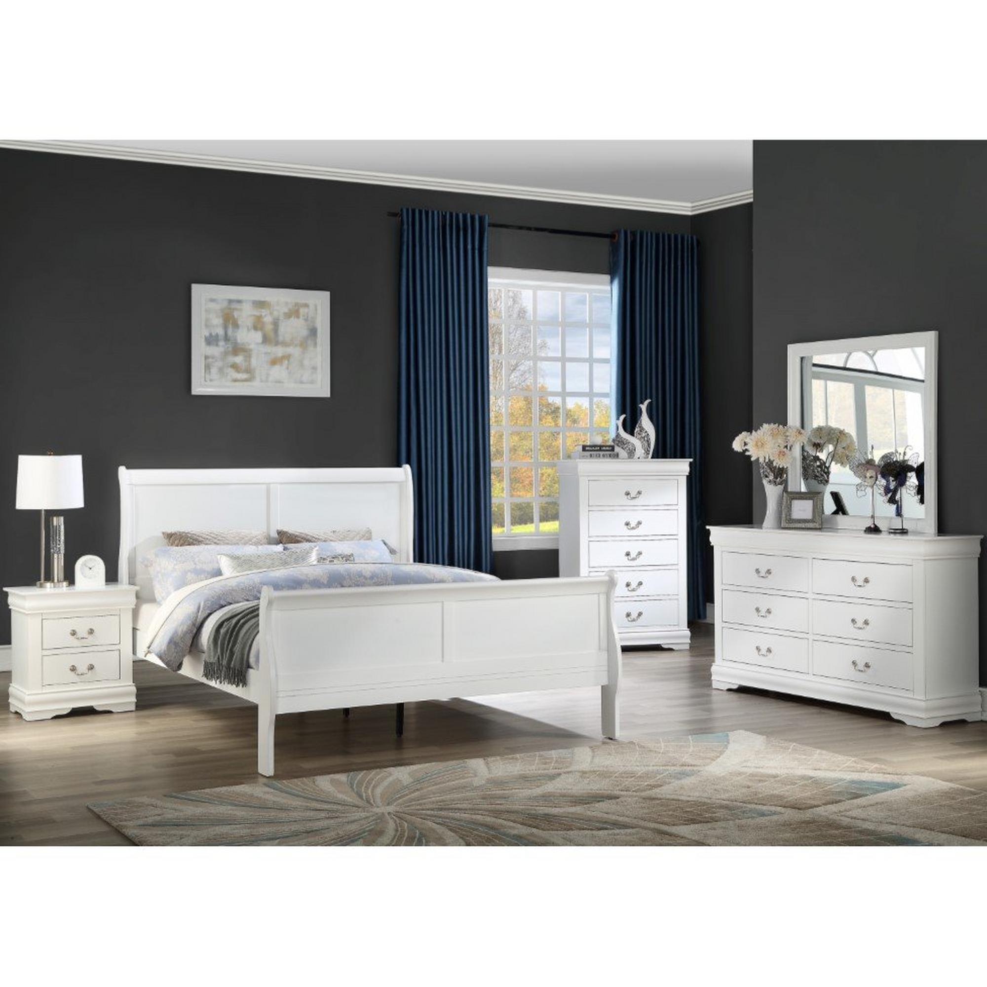 Queen Louis Philip Bed - White w/Chest, Dresser, Mirror, Nightstand