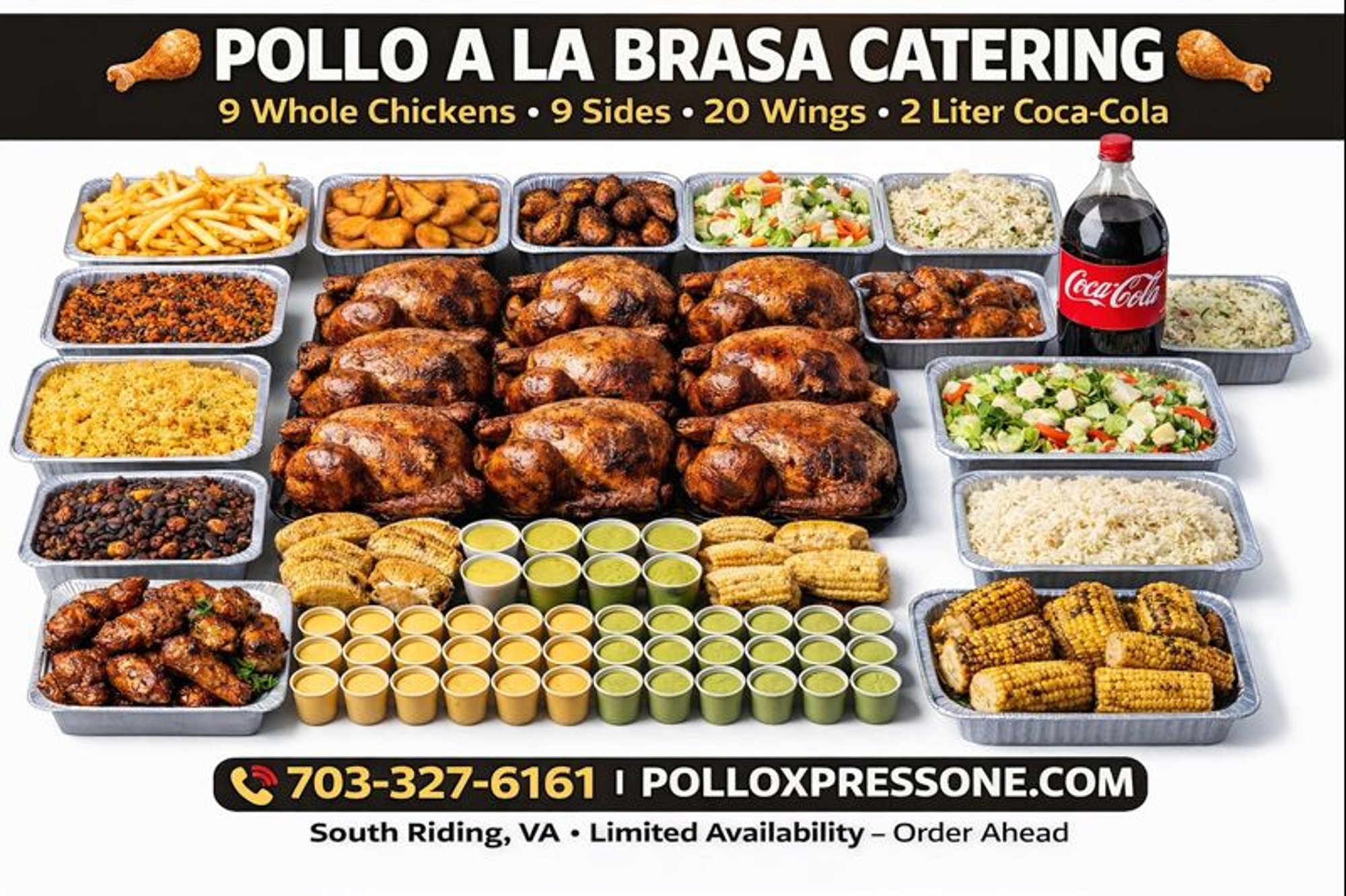 Family or Office Meal #2 (9 Whole Chicken + 9 Sides, 20 Wings and a Two liter drink.)(feed 35-45?...
