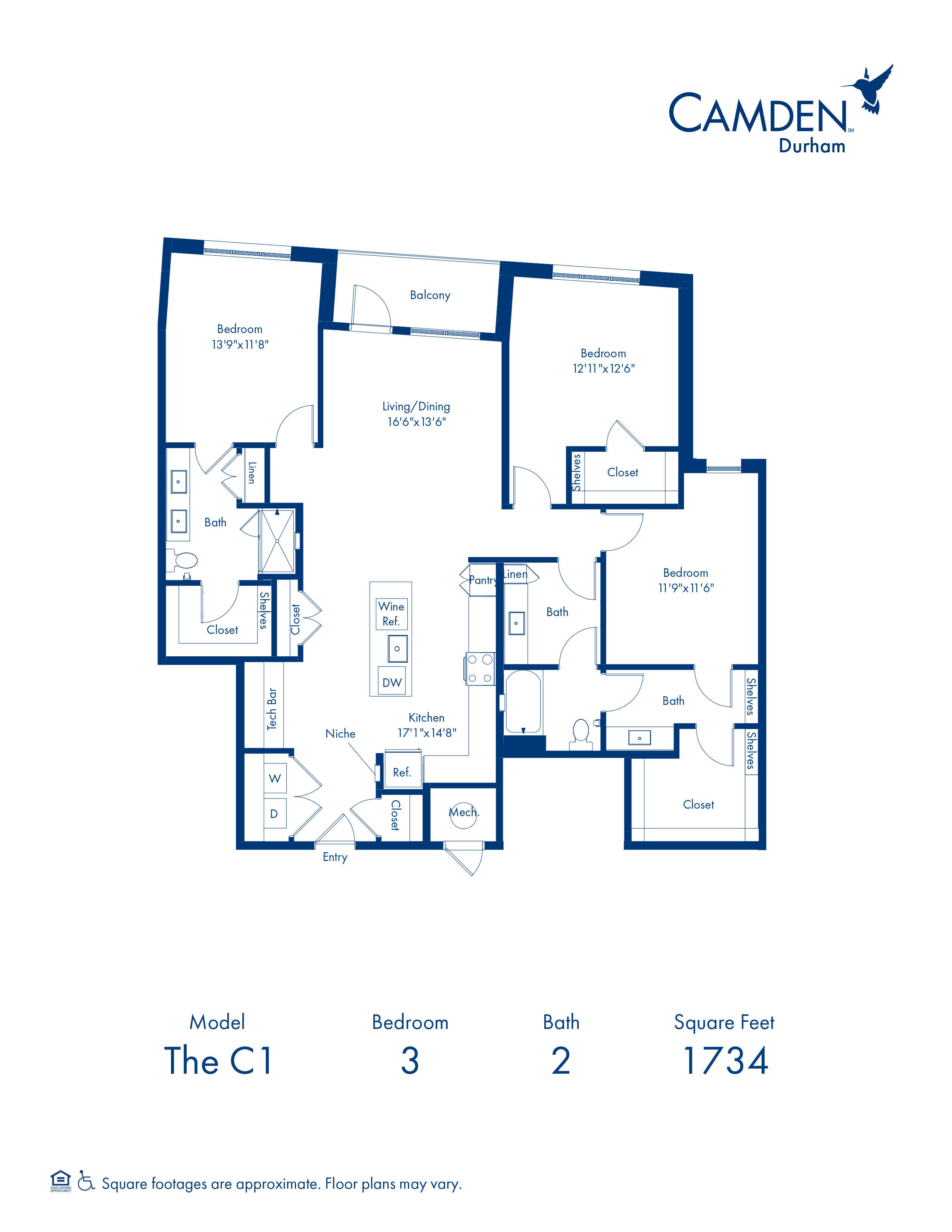 C1 Floor Plan with 3 Bedrooms and 2 Bathrooms at Camden Durham in Durham, NC