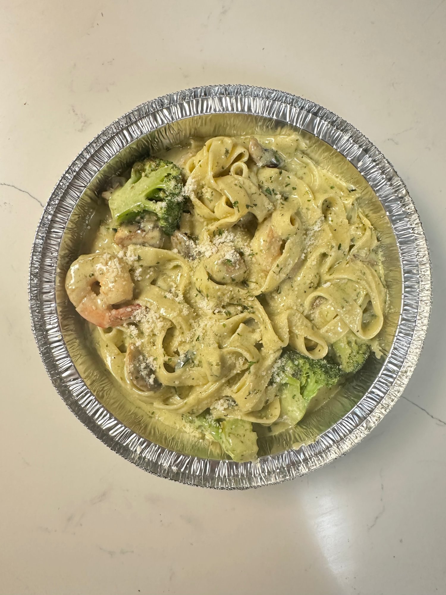 Shrimp Alfredo With zucchini, broccoli, and fresh mushrooms