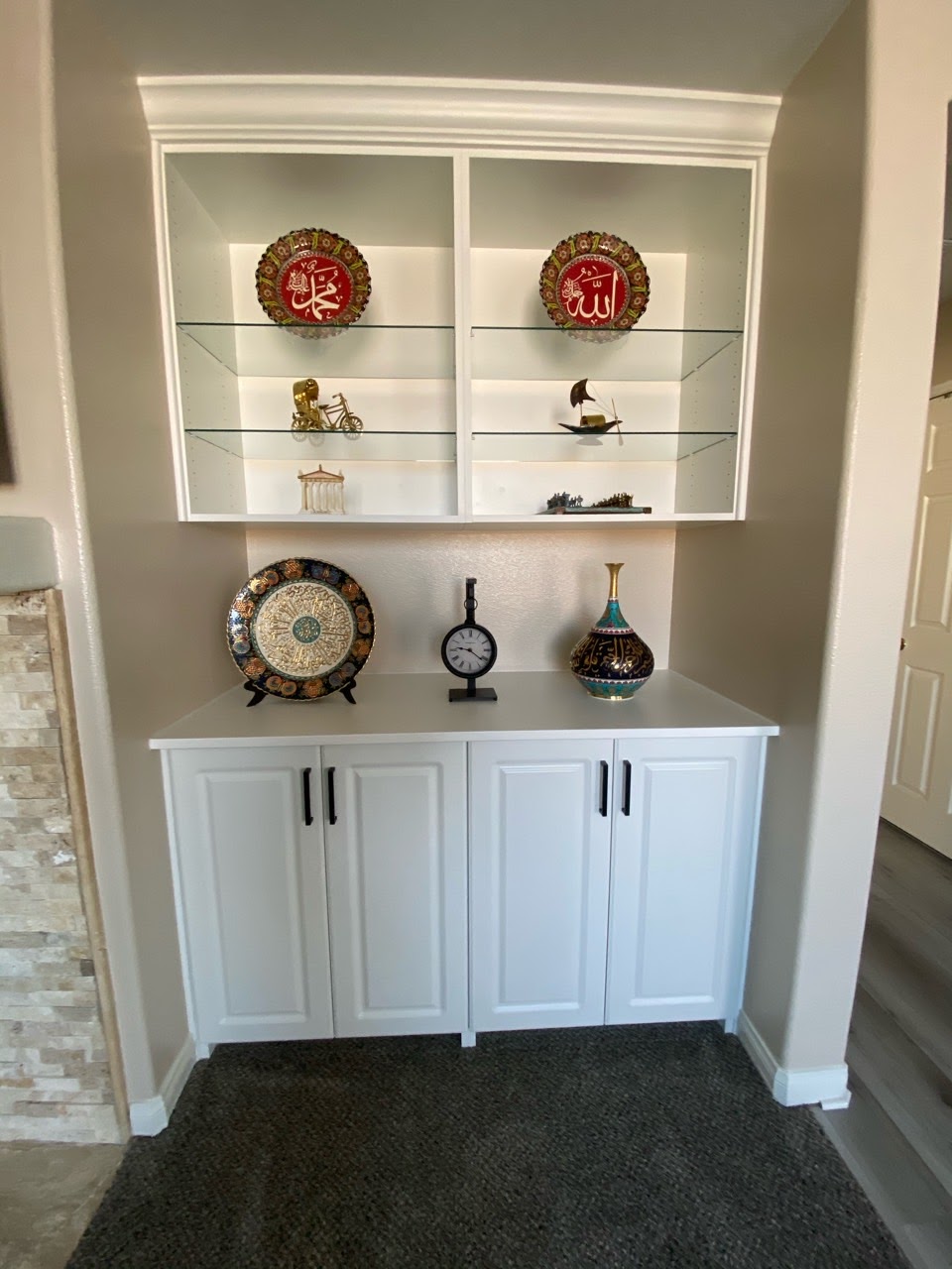 Glass shelving for white display cabinet