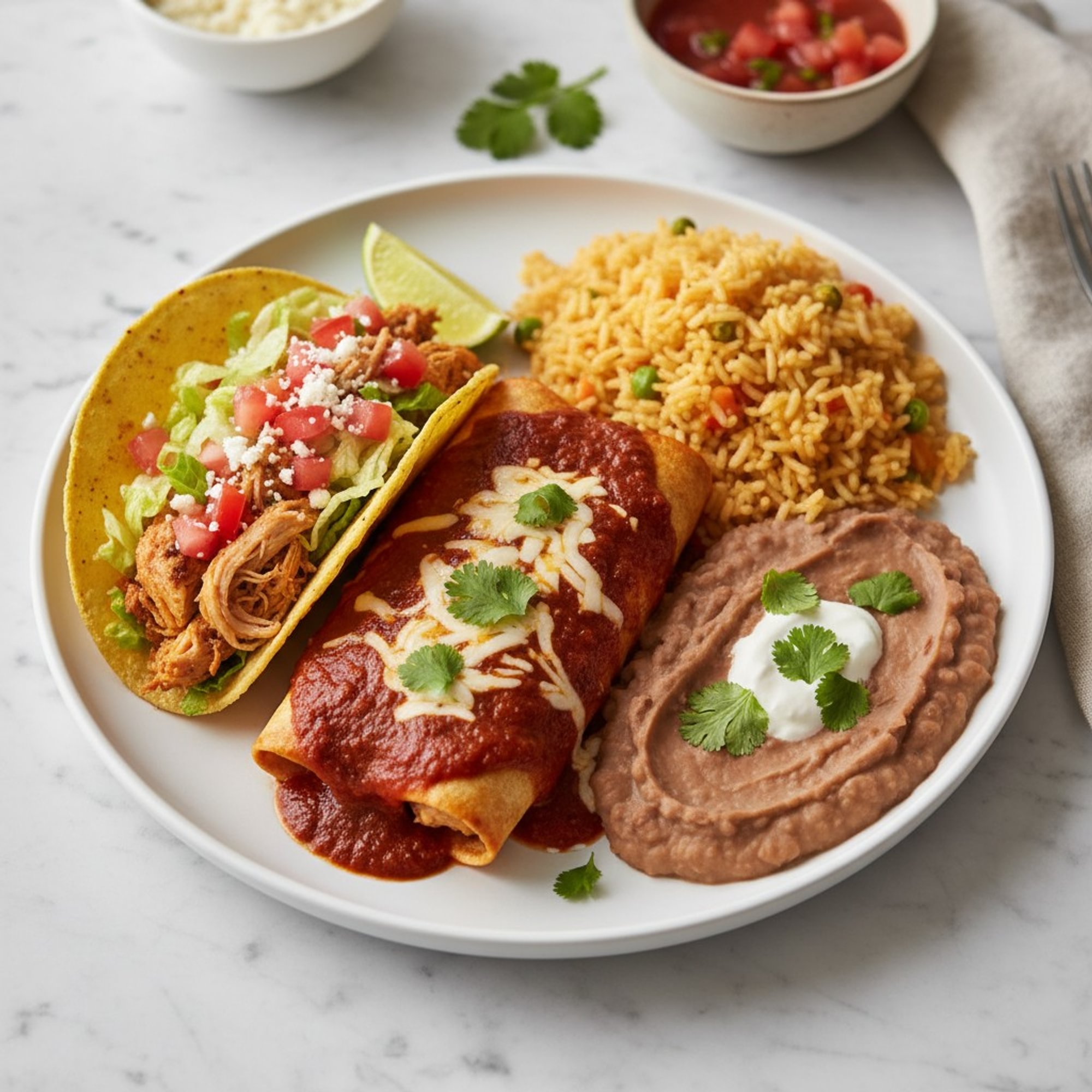 6. Taco, Enchilada, Rice and Beans