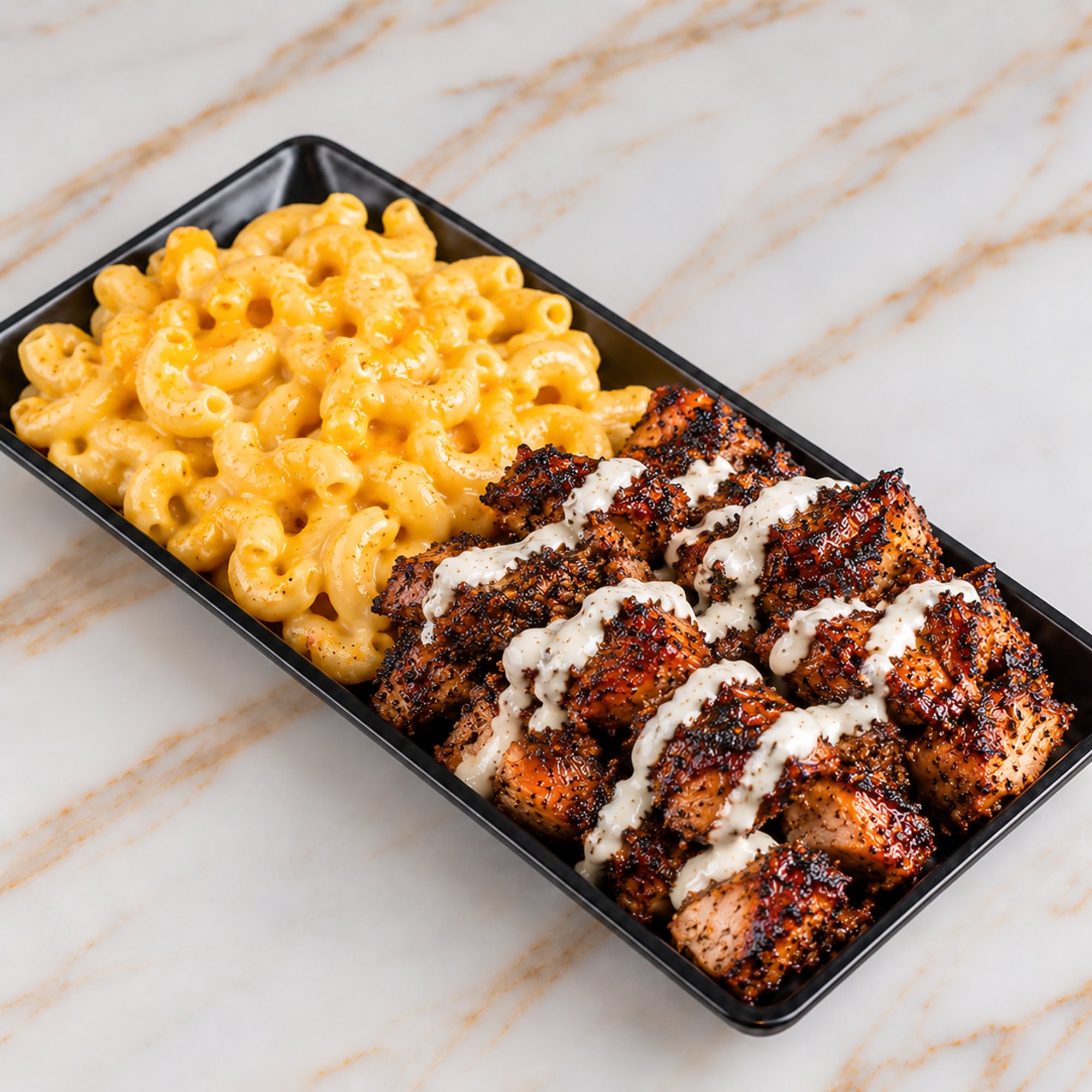 Jerk Chicken Over Mac and Cheese