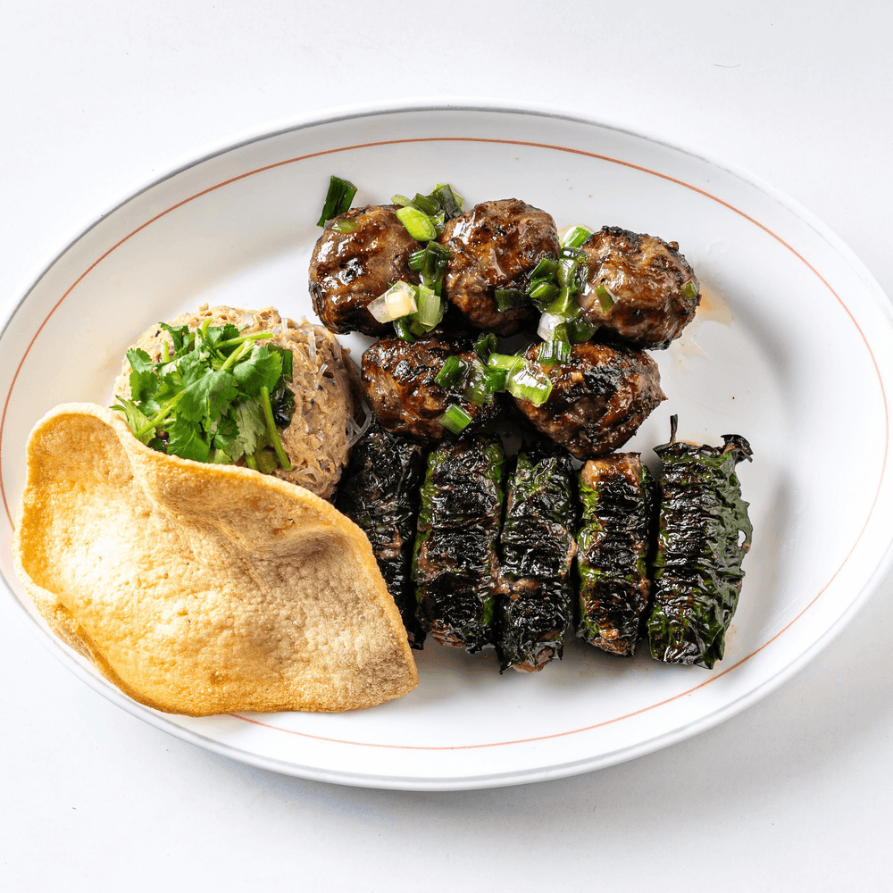Combo Platter/Bò Nướng Lá Lốt (5 pieces), Bò Nướng Mỡ Chài (5 pieces), Bò Cha Dùm (1 piece), Bánh...