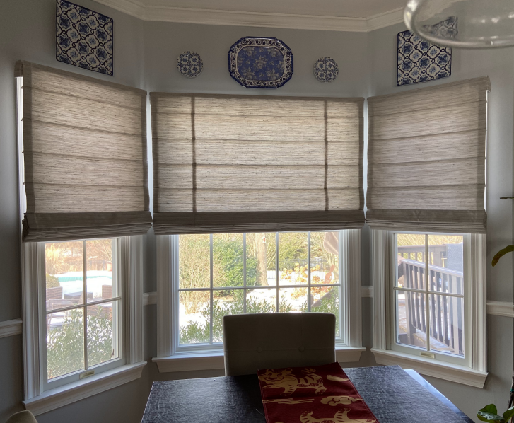 This Phillipsburg home features a great look for bay windows. Featured here are our Roman Shades, which create a beautifully simplistic look with a nice dose of color and texture!