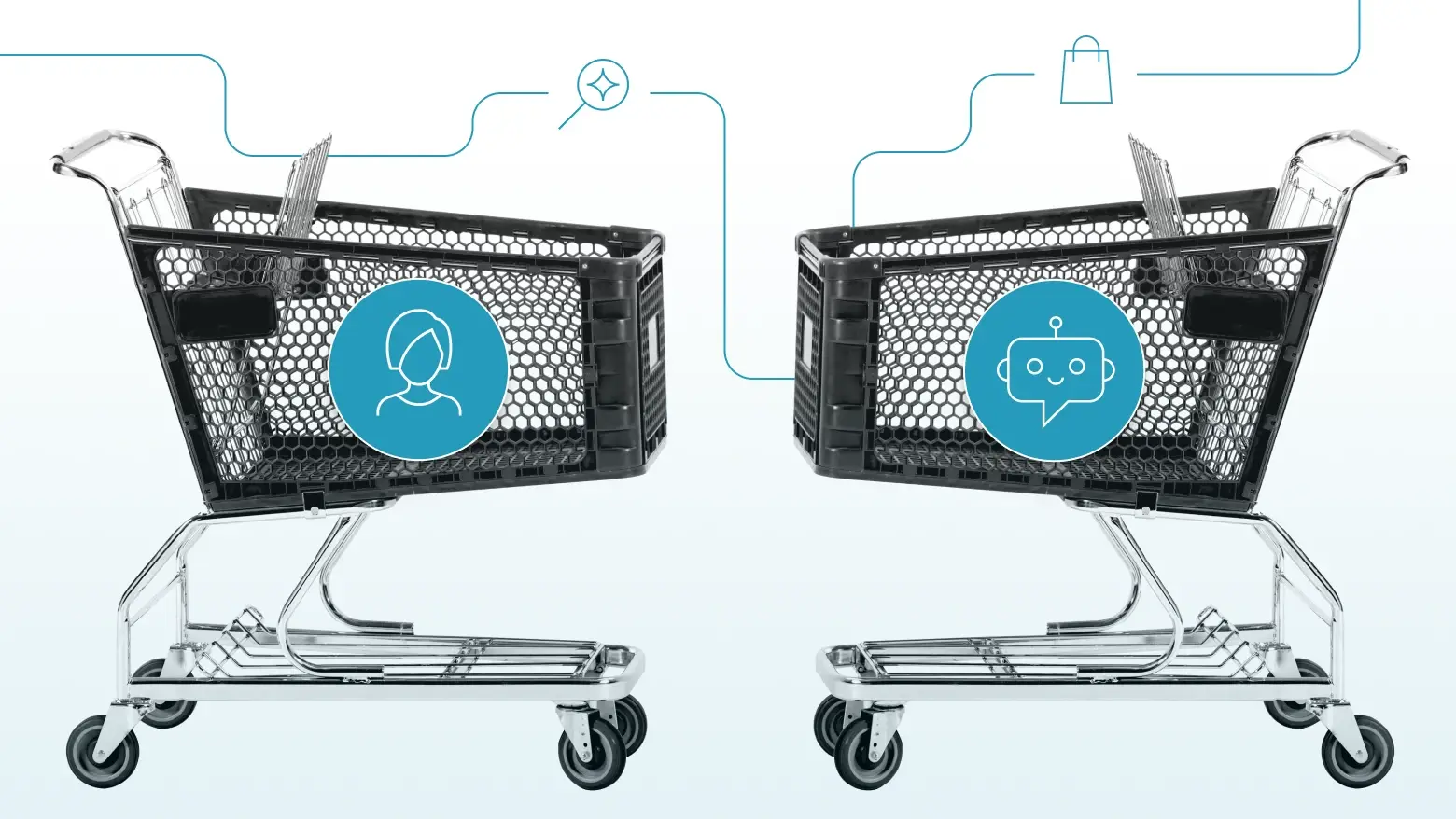 Two shopping carts side by side with teal circular icons - left cart shows person silhouette, right cart shows smiling chatbot with speech bubble, connected by flowing lines suggesting customer journey or customer experience interaction