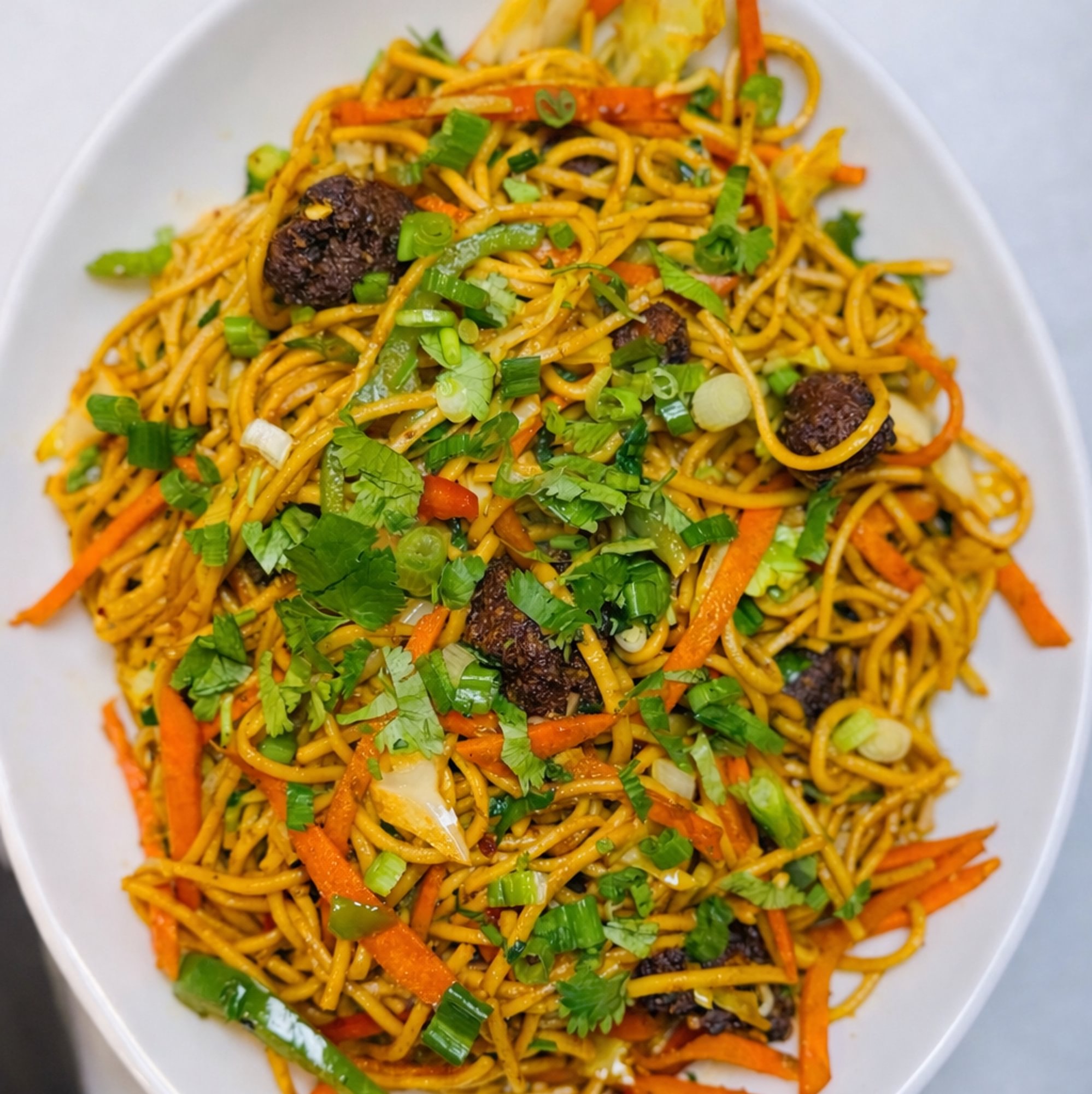 Schezwan Noodles With Veg Manchurian Balls