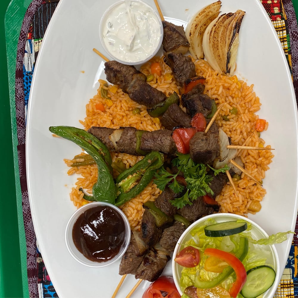 Beef Kabob (2 sticks) with Jollof Rice and Salad