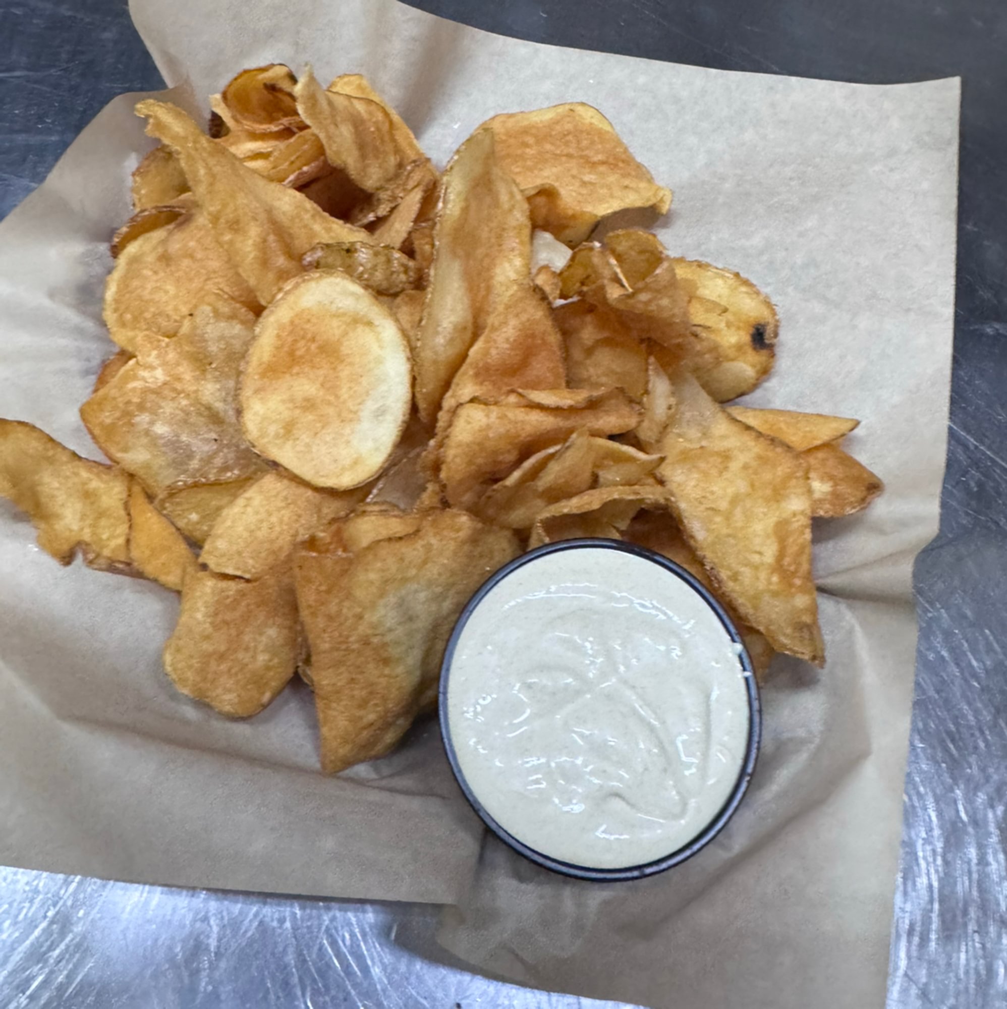 Russet Chips and Green Chile Dip