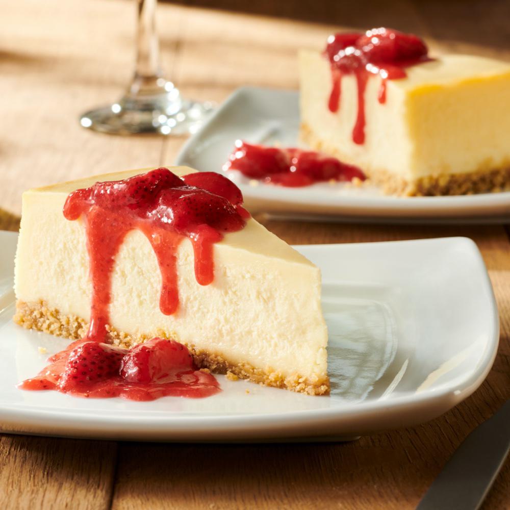Sicilian Cheesecake with Strawberry Topping: Ricotta cheesecake with shortbread cookie crust, topped with strawberry sauce.