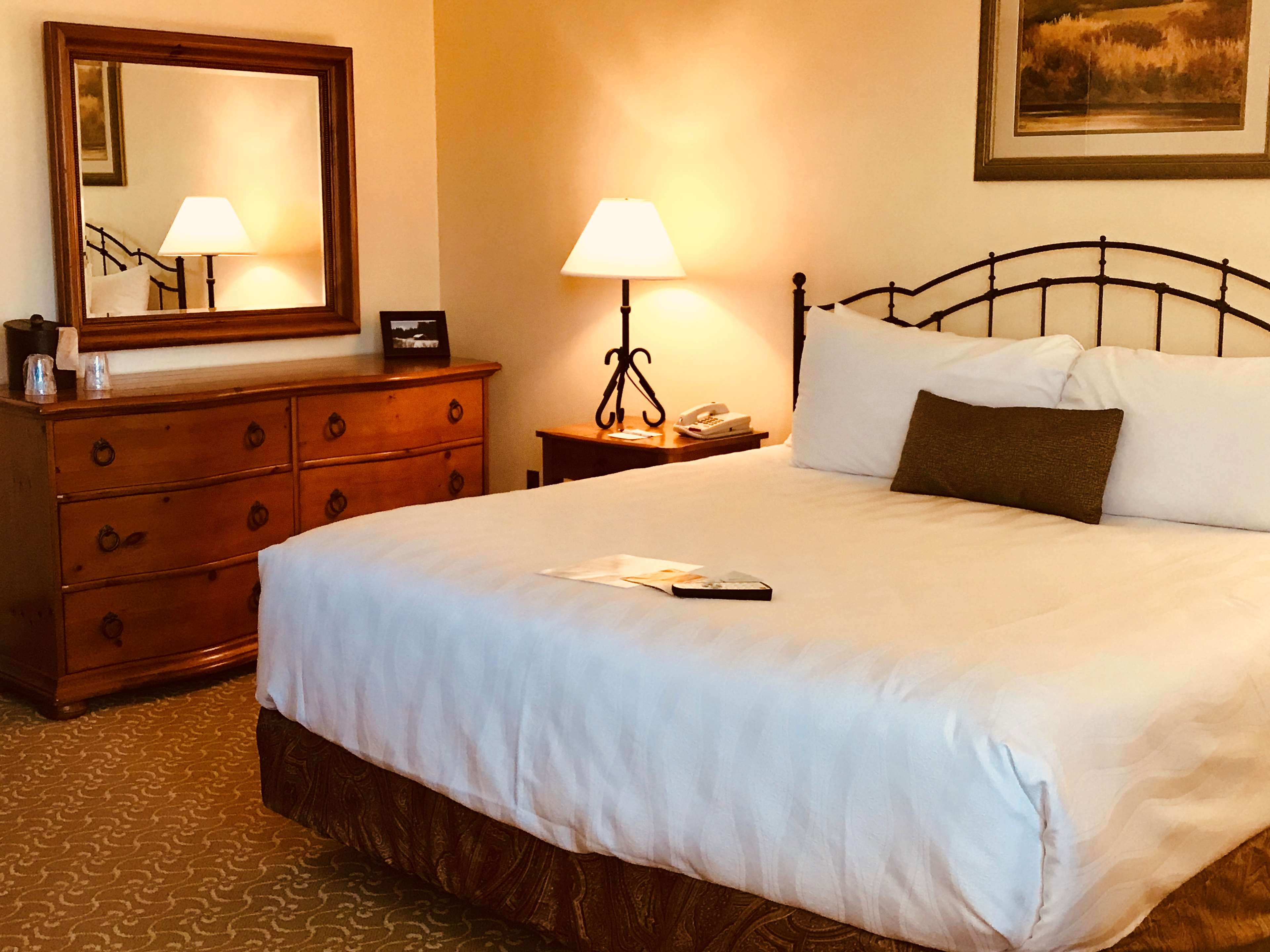 Room 190, King bed suite with fireplace, walk in shower