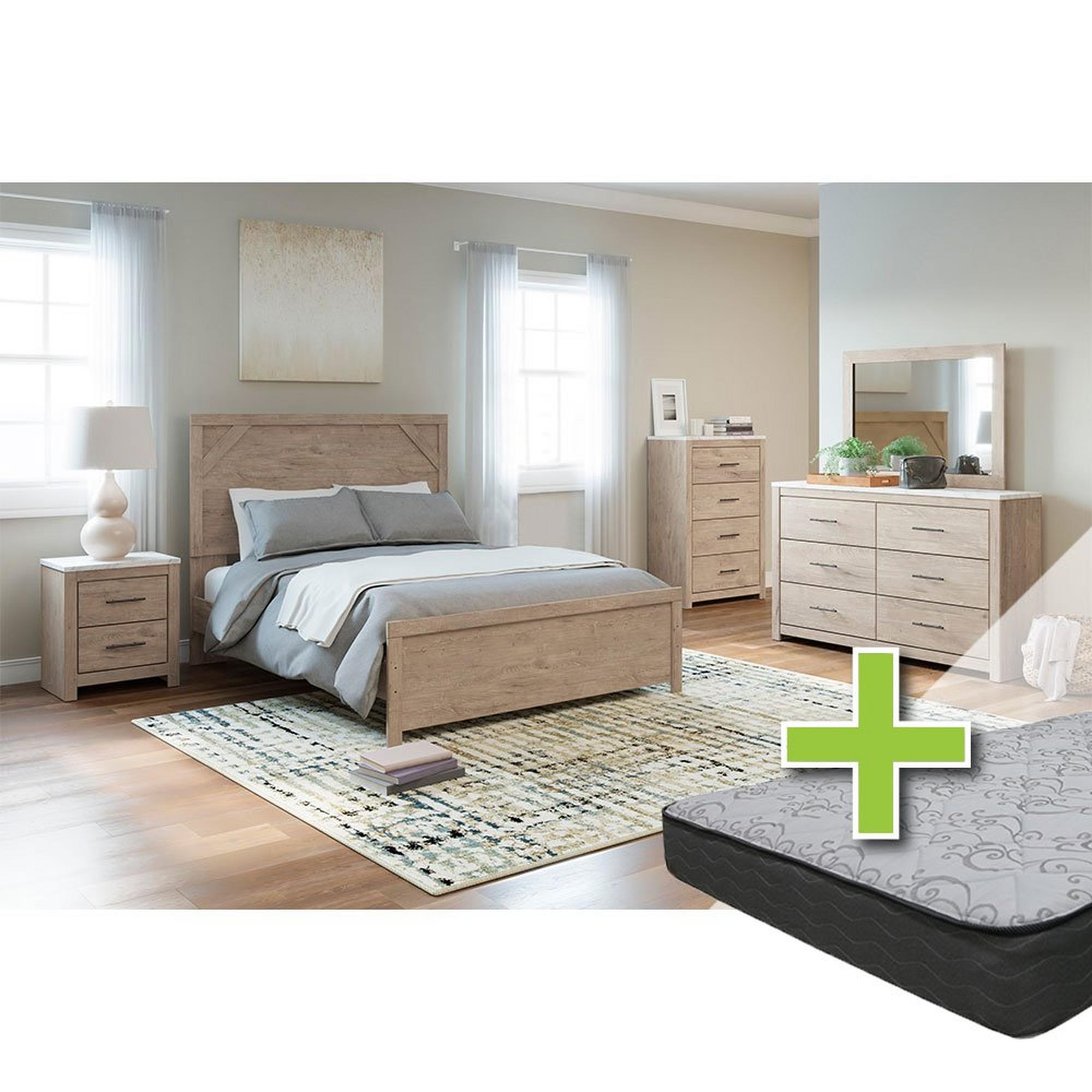 Queen Senniberg Bed w/Woodhaven 8" Tight Top Mattress, Dresser, Mirror, Nightstand