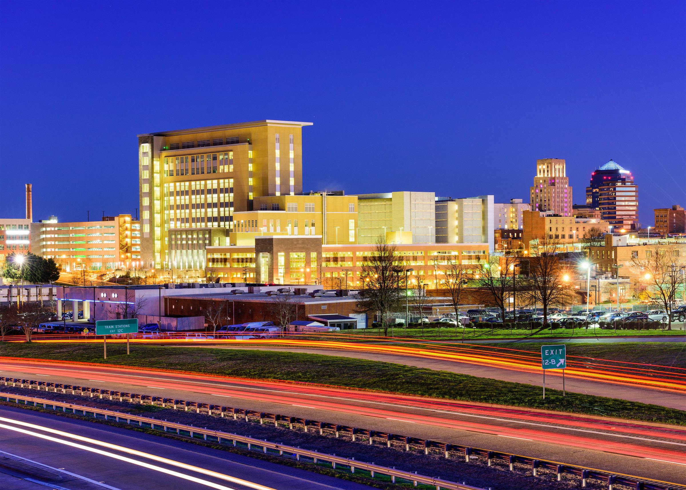 Durham, NC at night, near the future home of Camden Durham.