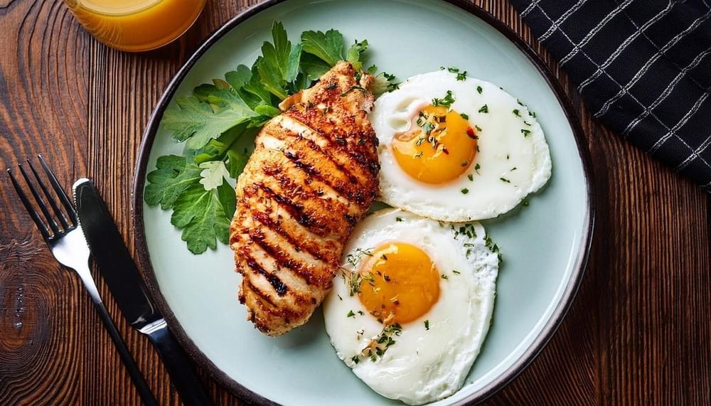 2 Eggs with Grilled Chicken Breast