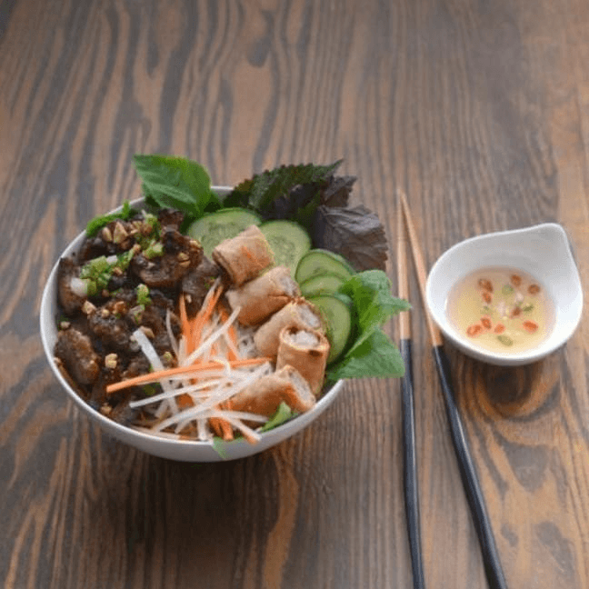 55. Vermicelli with Grilled Pork Meatballs & Fried Spring Rolls / Bún Nem Nướng Chả Giò