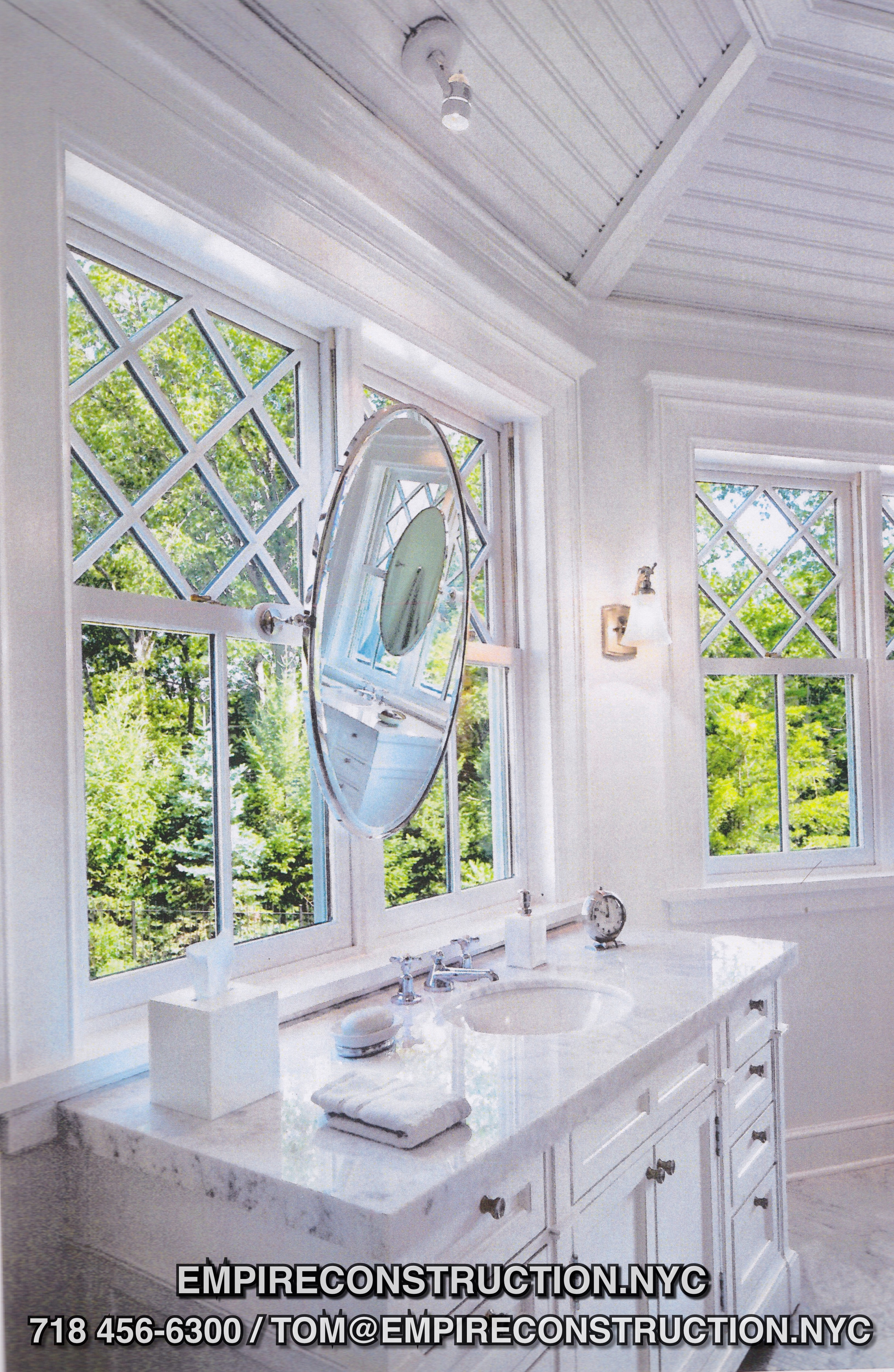 Empire bathrooms: planning, framing, blocking, quiet piping, water flow, ventilation, skylights, shower doors and shower glass partitions, accent walls, electric, indirect lightning, cement board, vapor barriers, steam, sound, access, toilet space, shower shelves, multiple shower heads, heated towel bars, heated tile floors and all tile work, stoneslabs, design build, tall people accomodation, laundry chute, heat lamps, storage, mirrors and any type of cabinet, furniture that you might need. 