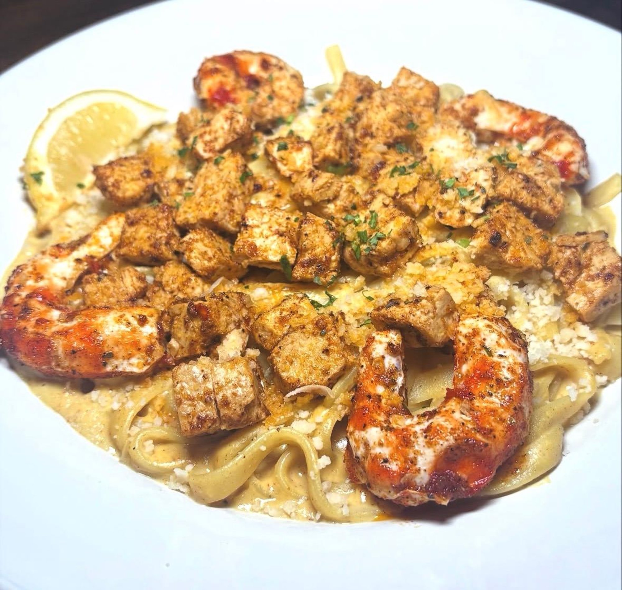 Cajun Chick'n and Shrimp Alfredo