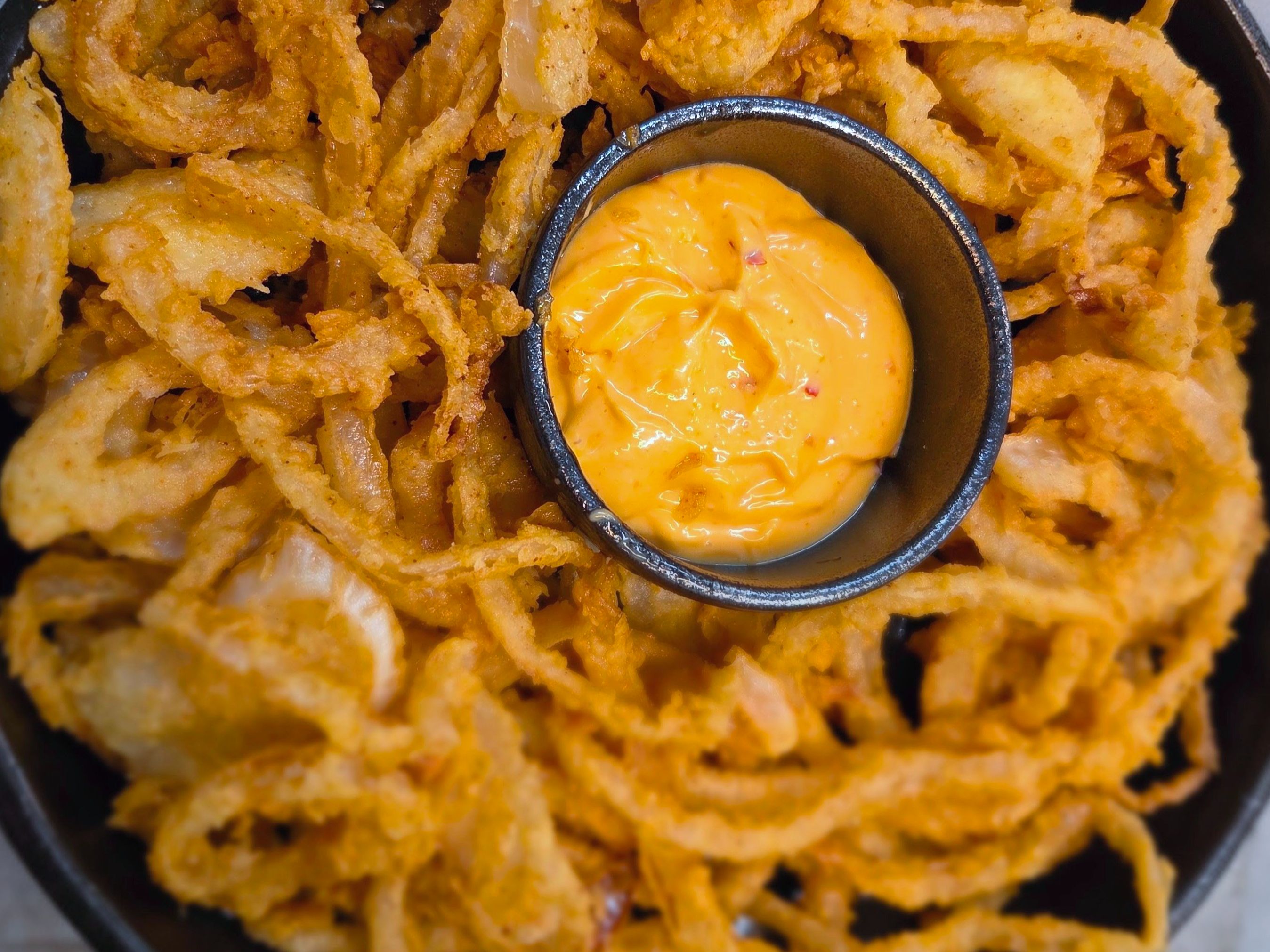 Onion Strings With Sweet Chili Mayo Sauce