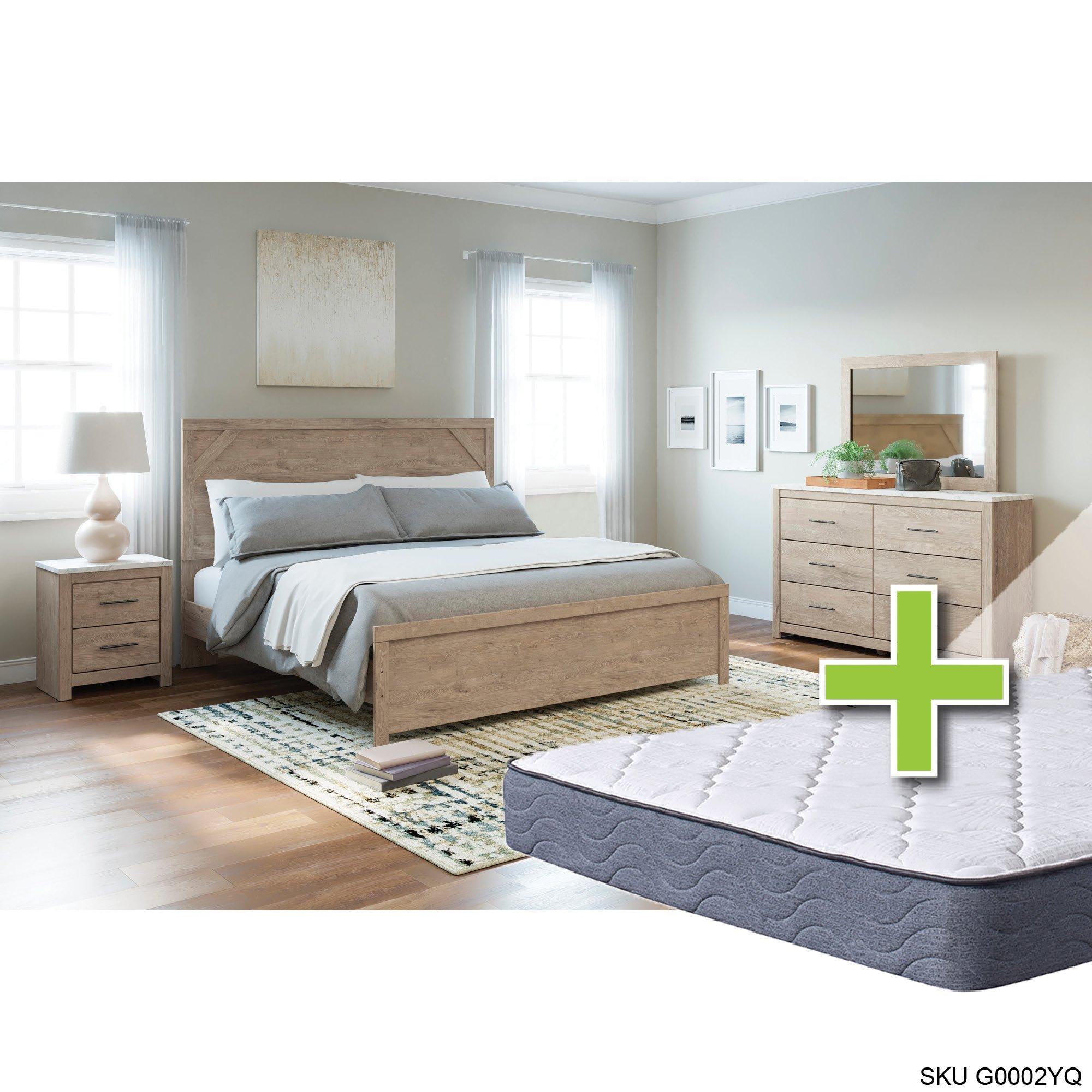 Queen Senniberg Bed w/9.5" Tight Top Extra Firm Memory Foam Mattress & Chest, Dresser, Mirror, Night