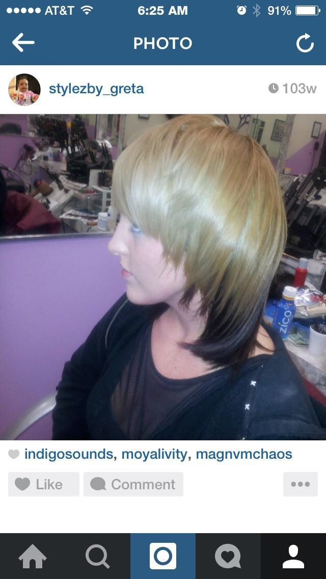 blonde on top and flat ironed smooth and rounded to contour the face