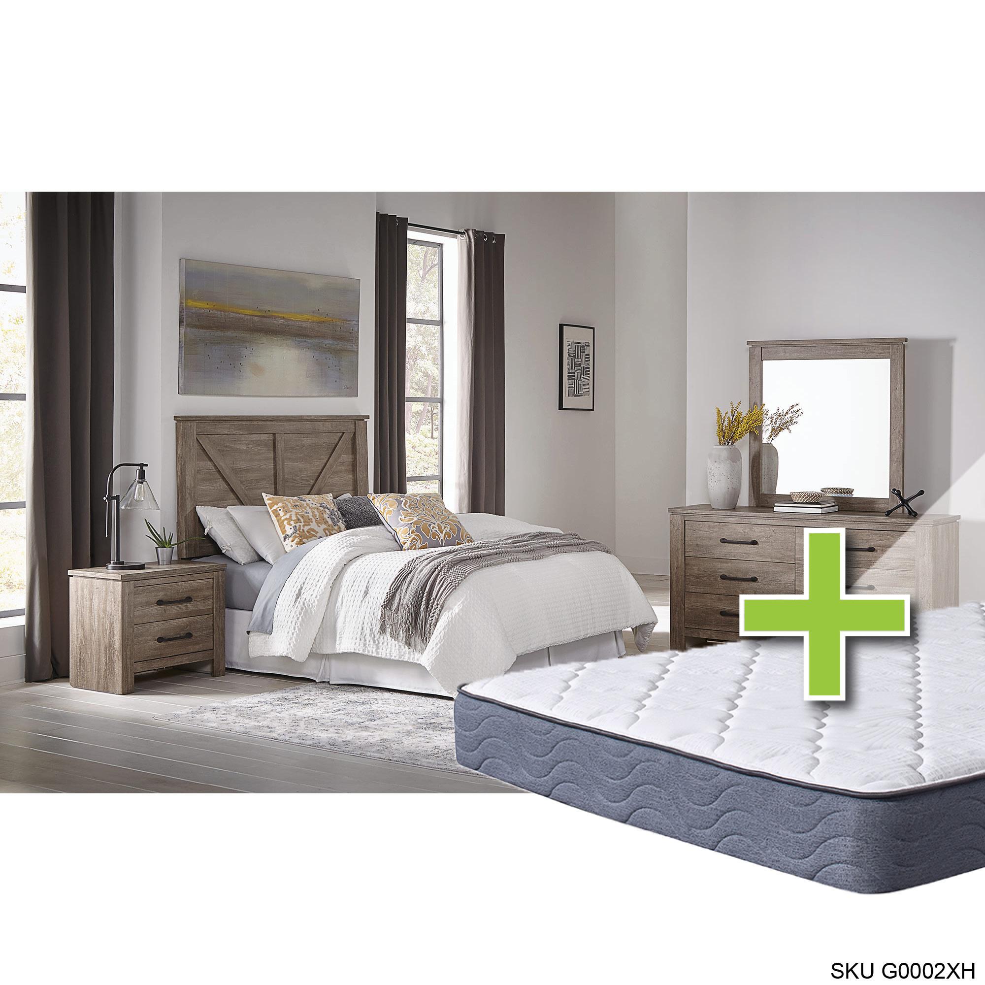 Queen Adorna Bed w/9.5" Tight Top Extra Firm Memory Foam Mattress & Dresser, Mirror, Nightstand
