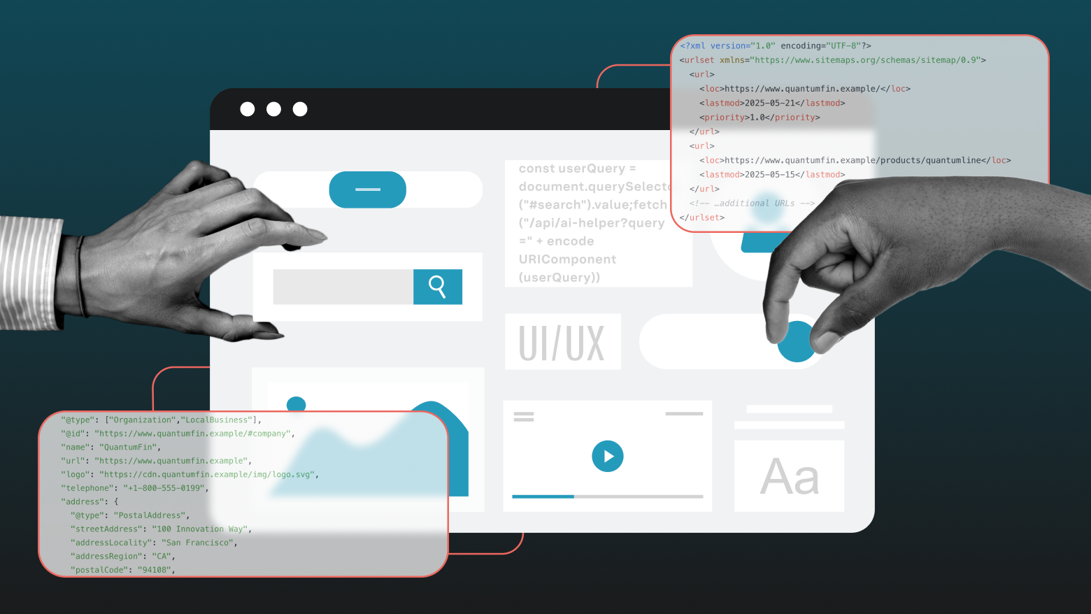 Come progettare il sito web per l'IA -- creare per tre internet: immagine con mani e modelli di siti web