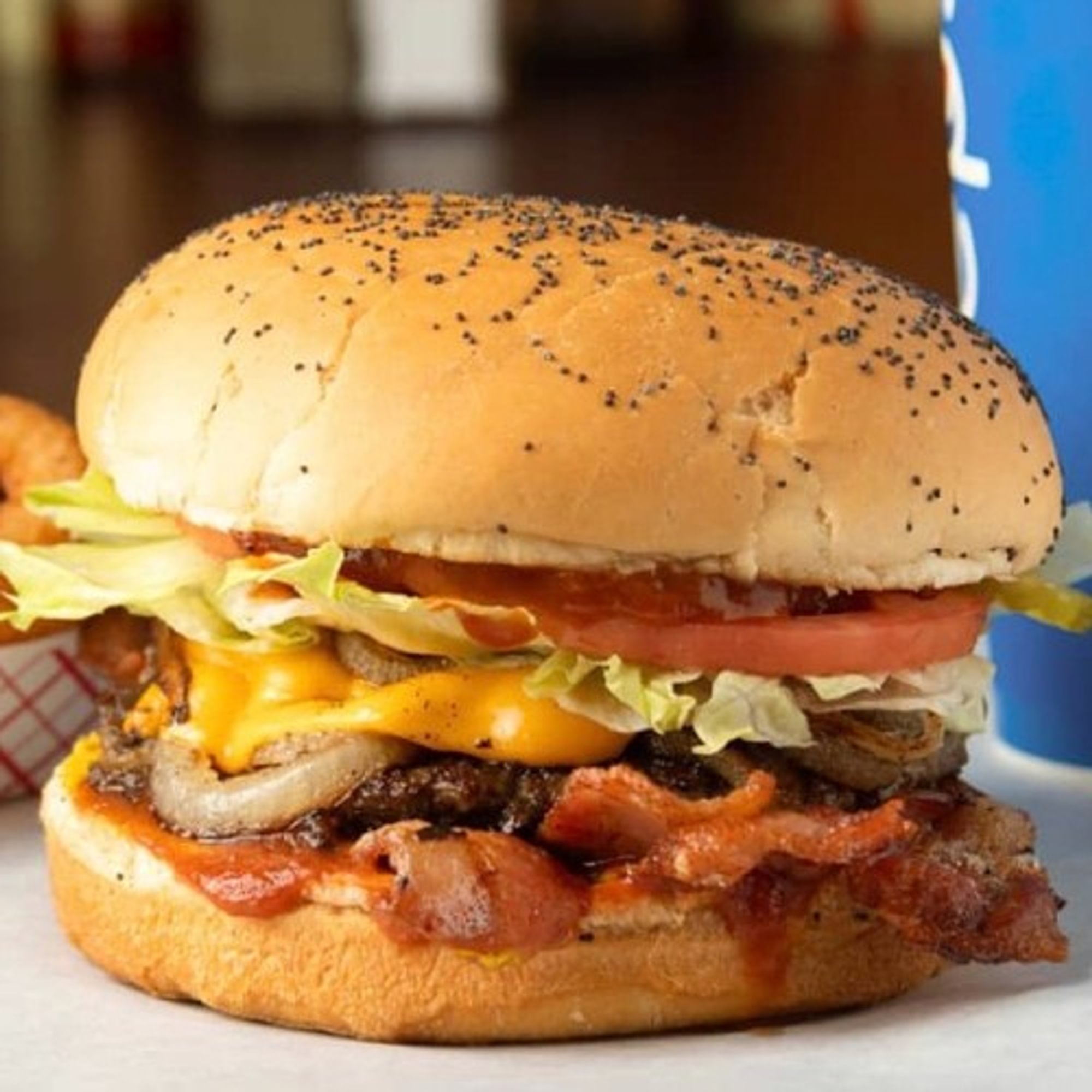 Bacon Cheese Burger with BBQ Sauce & Grilled Onions