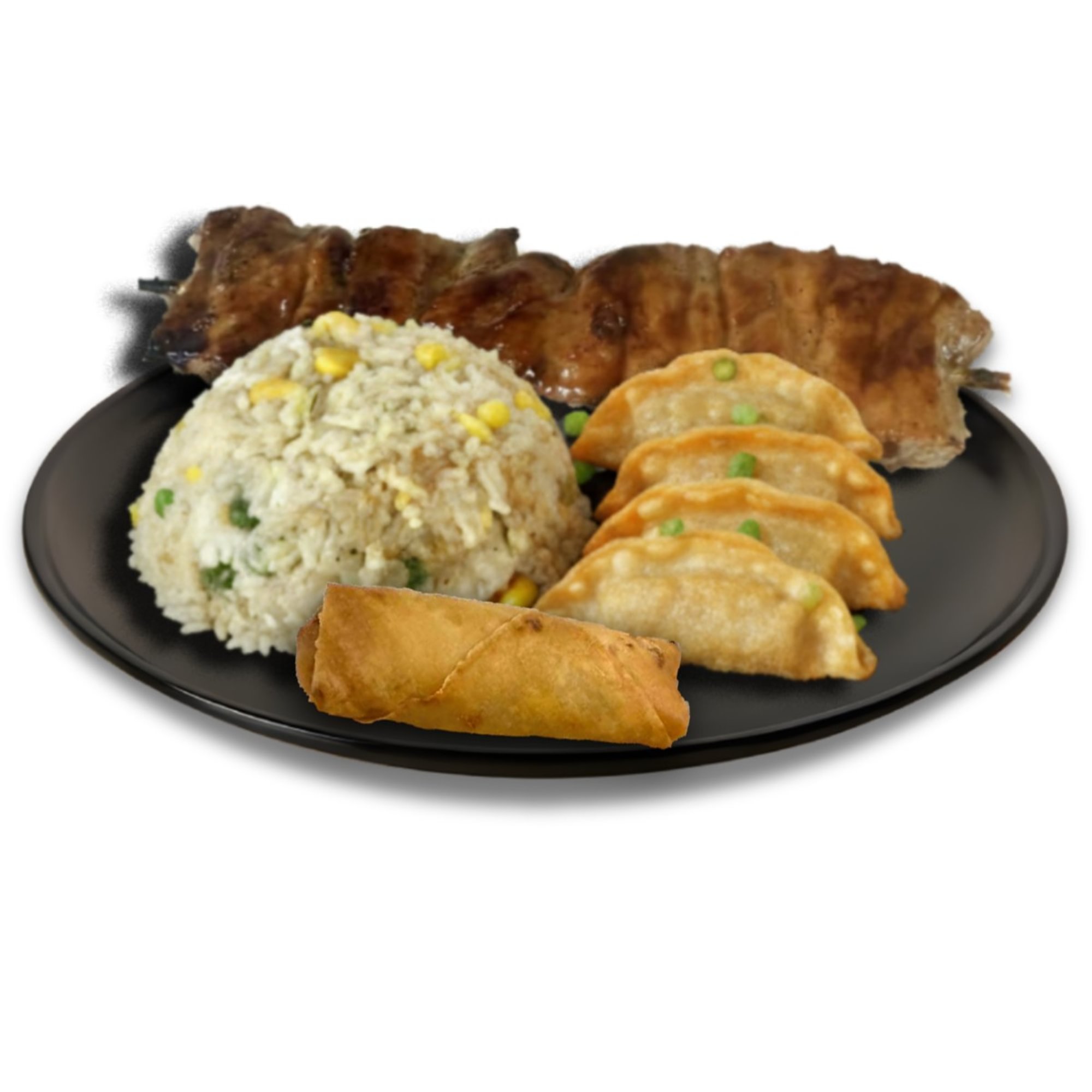 C5 - Fried Rice, 4 Pieces dumplings, 1 Piece Lumpia & 1 Stick BBQ Skewer (Pork or Chicken)
